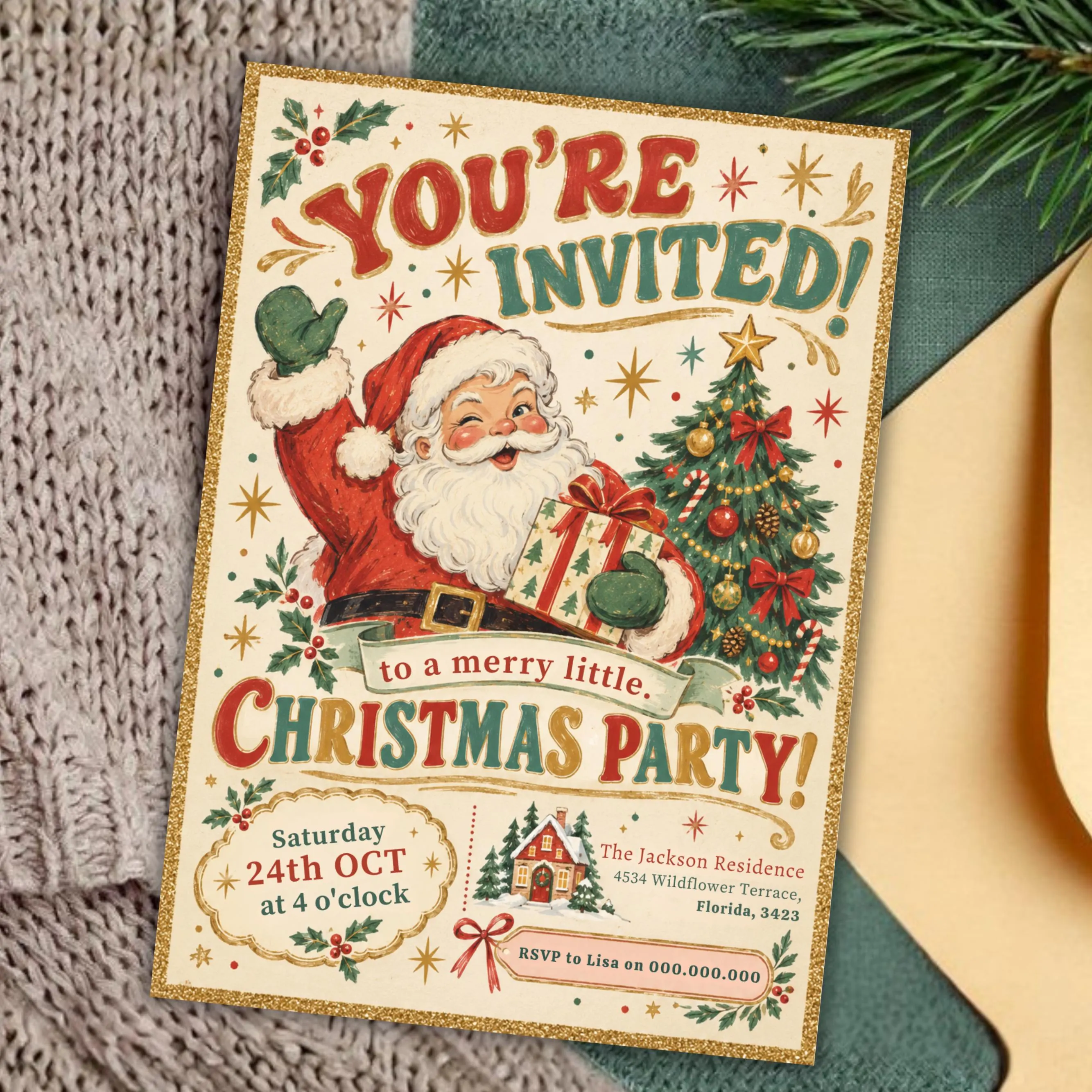 Vintage Santa Christmas Party Invitation Template, Editable Canva Holiday Party Invite, Retro Christmas Invitation, Printable Digital Download