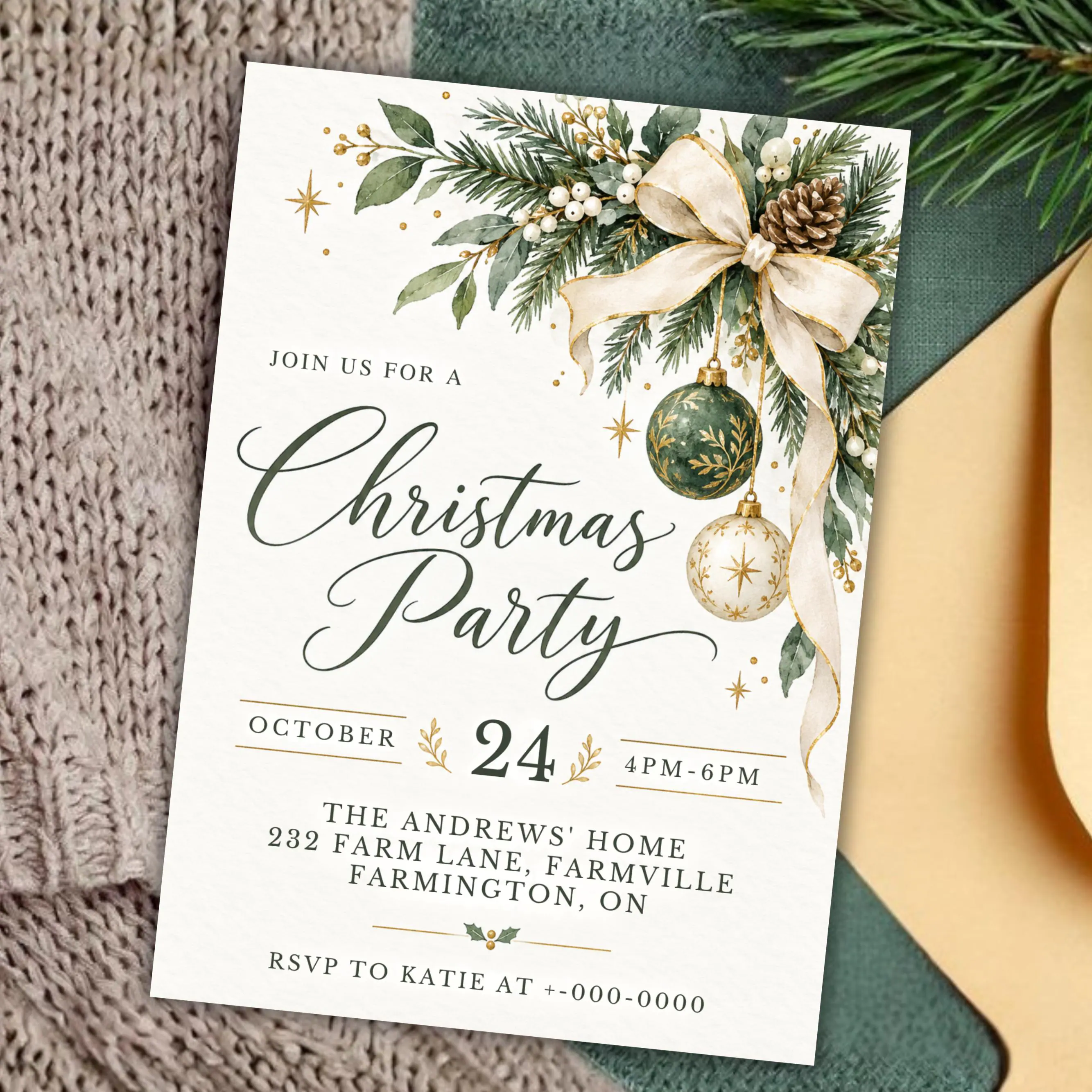 Christmas Party Invitation, Editable Canva Template, Elegant Holiday Party Invite, Green Gold Christmas Invitation, Printable Xmas Invite