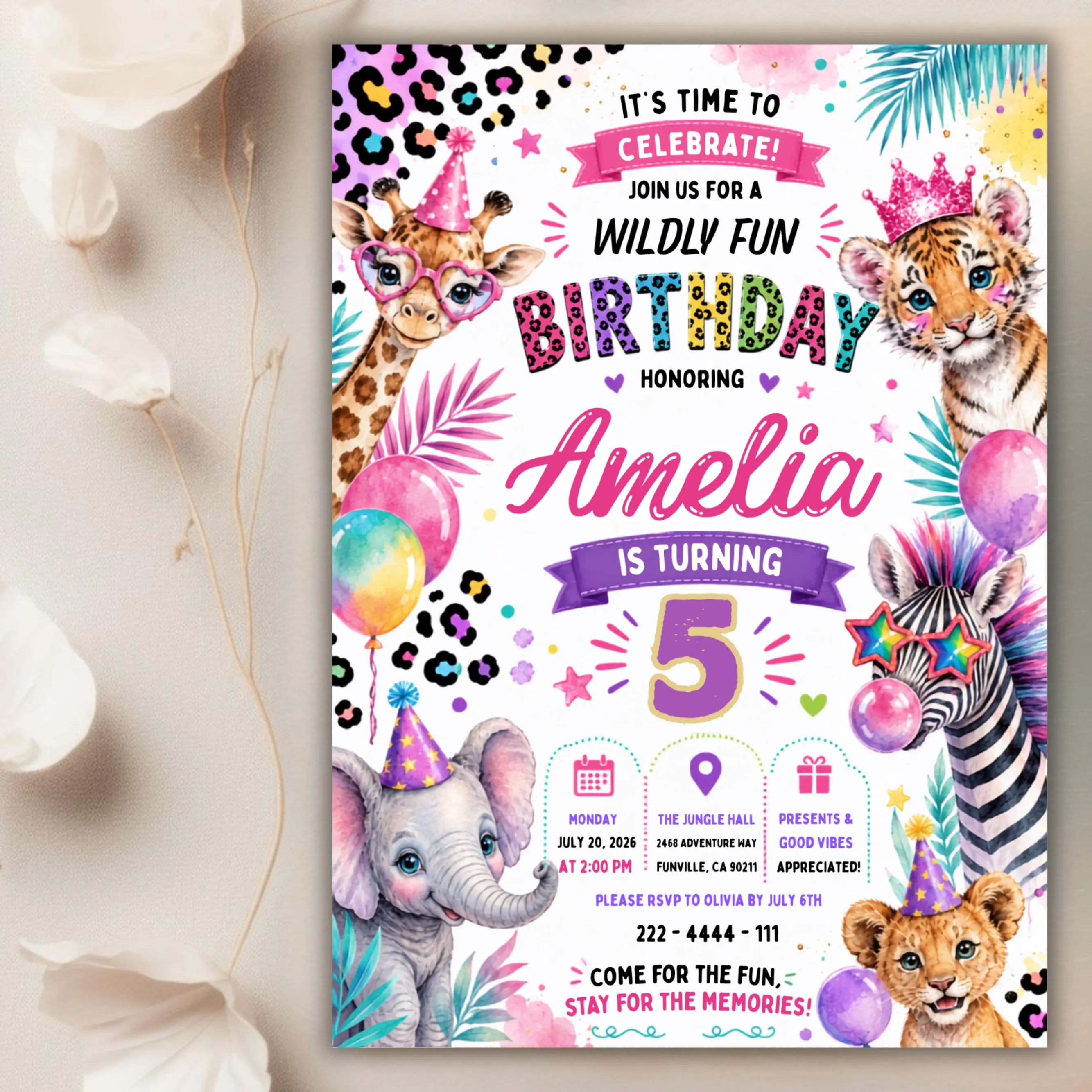 Party Animals Birthday Invitation Pastel Rainbow Cheetah Print Leopard Print Wild Safari Animals Birthday Party Invite Canva Editable
