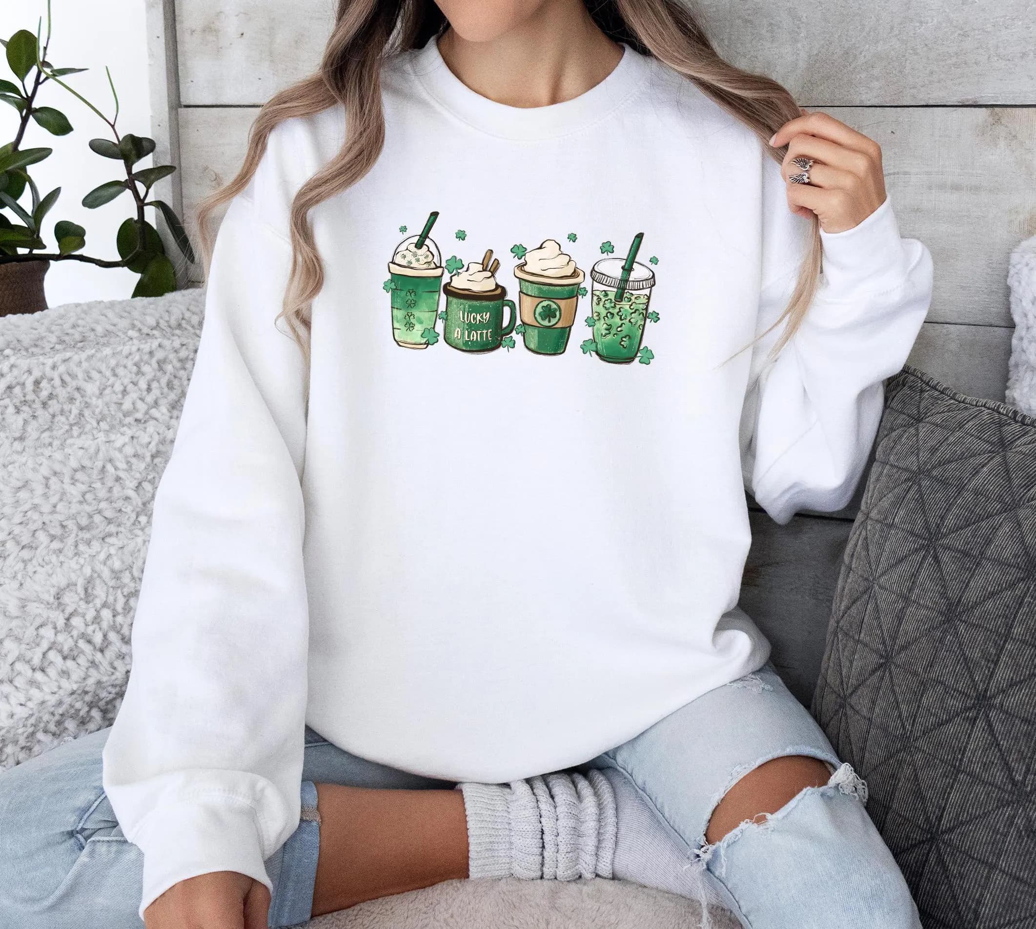 St Patricks Day Coffee Latte Sweatshirt, Cute St Patricks Day Sweatshirt, Lucky Sweatshirt, Irish Shirt, Coffee Lover Shirt, Shamrock Shirt - image 2