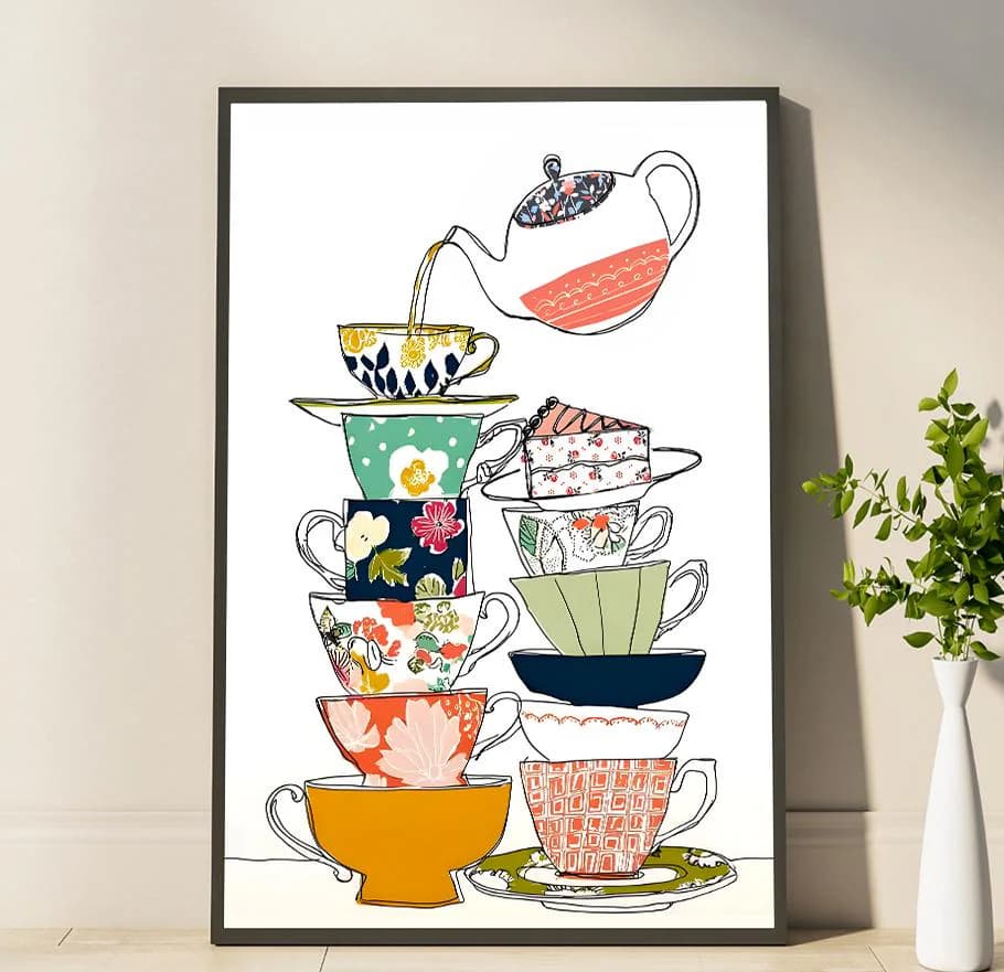 Tea Cups Poster Colorful Kitchen Poster Stacked Mug Whimsical Tea Party Artwork Modern Cafe Home Decor