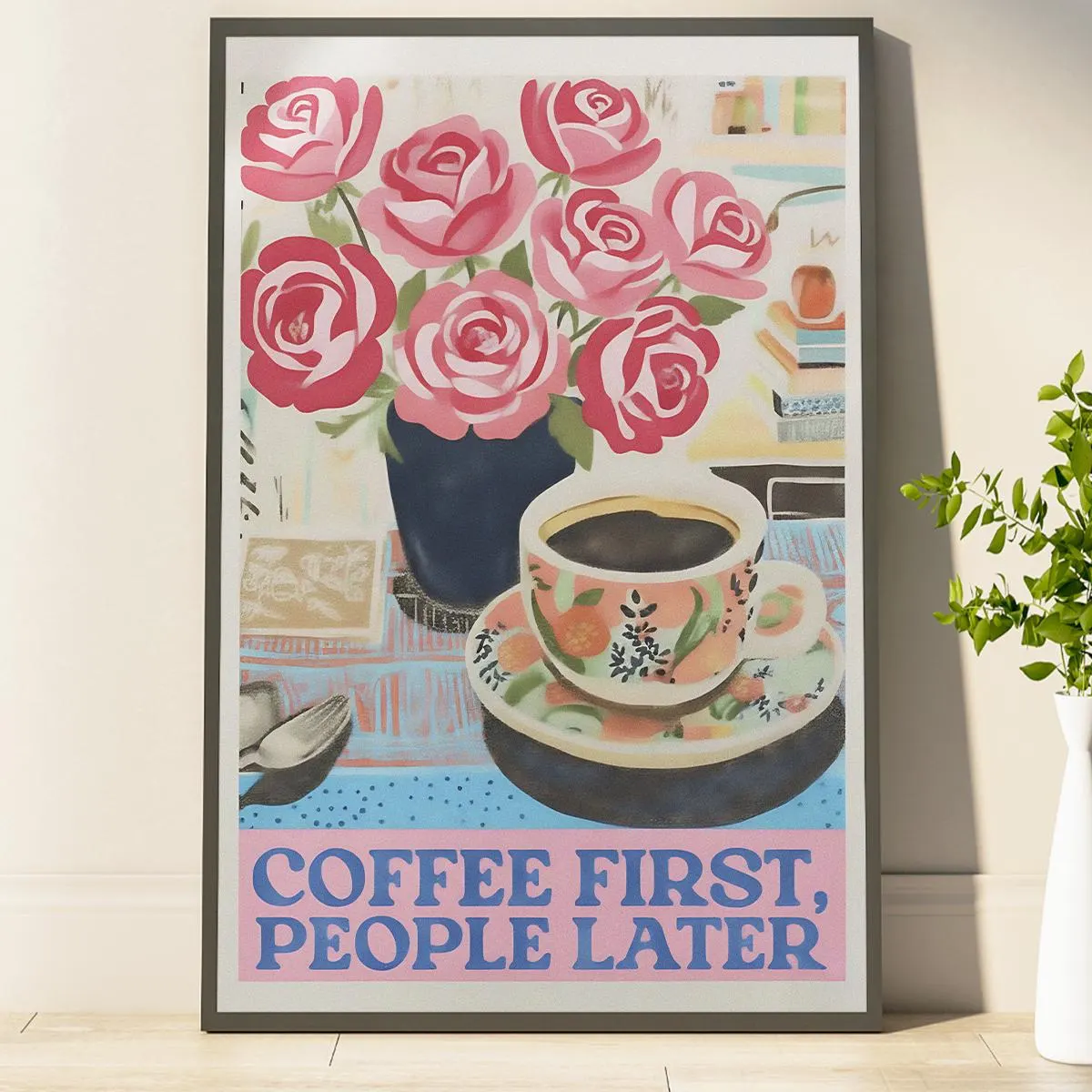 Coffee First Retro Wall Art Coffee Cart Print Coffee Lover Decor Trendy Retro Poster Maximalist Wall Art Home Decor Gifts