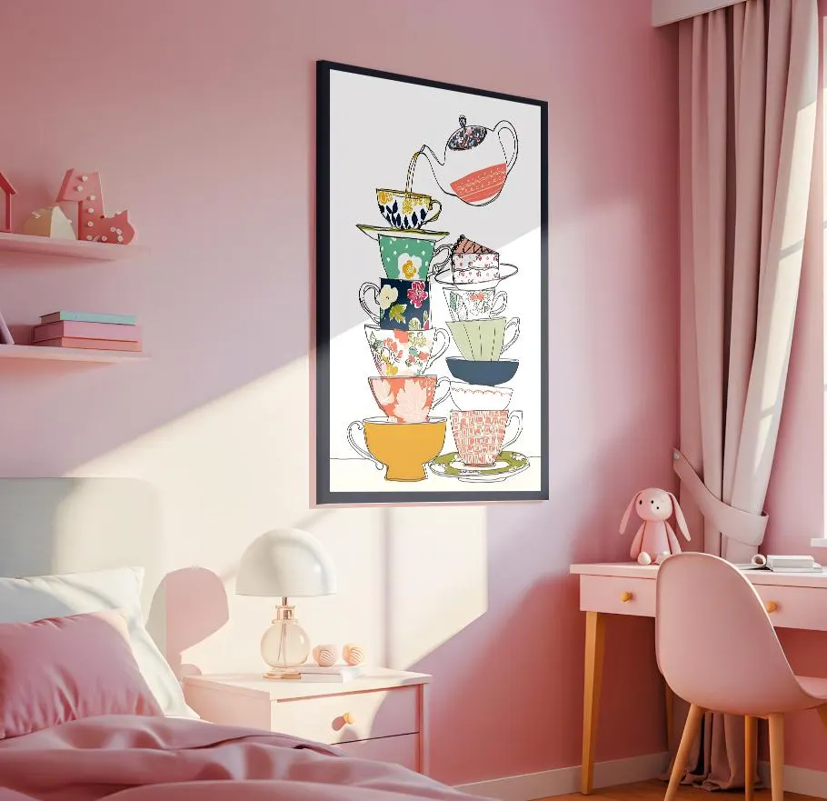 Tea Cups Poster Colorful Kitchen Poster Stacked Mug Whimsical Tea Party Artwork Modern Cafe Home Decor - image 5