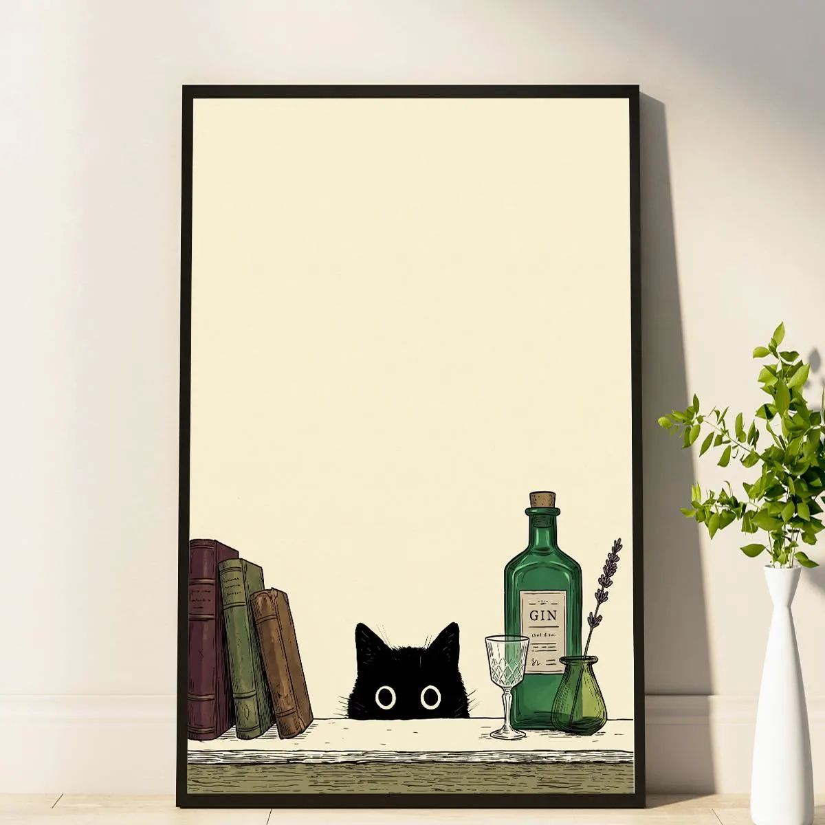 Black Cat Gin Poster, Vintage Bar Wall Art, Botanical Cat Print, Antique Kitchen Decor, Cottagecore Pub Art, Dark Academia Print