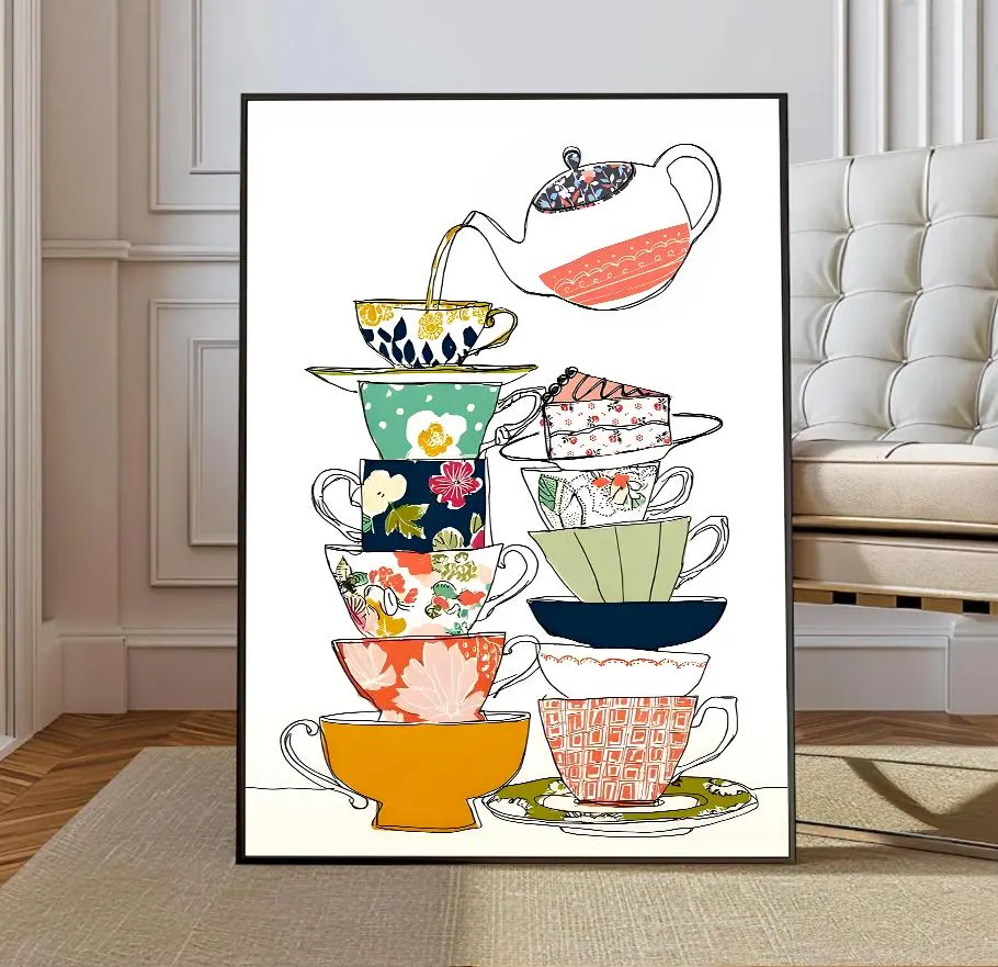 Tea Cups Poster Colorful Kitchen Poster Stacked Mug Whimsical Tea Party Artwork Modern Cafe Home Decor - image 3