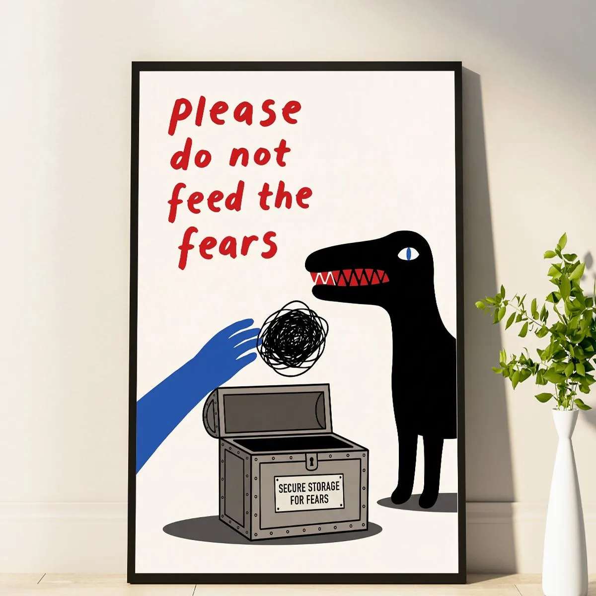 Please Do Not Feed the Fears Poster, Funny Monster Wall Art, Anxiety Humor Print, Quirky Minimalist Decor, Surreal Art Print