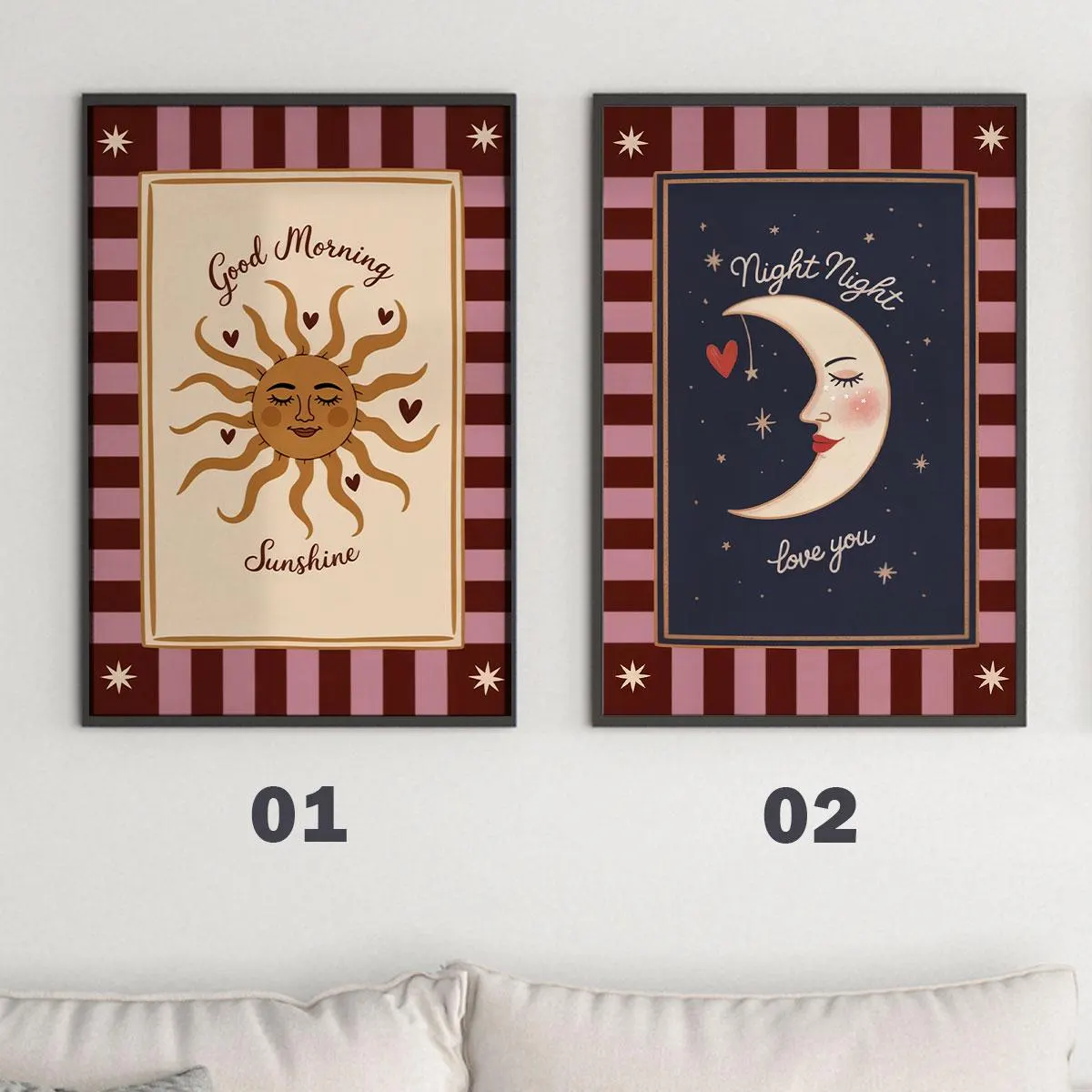 Good Morning Sunshine & Night Night Love You Whimsical Wall Art Choose Your Favorite Sunshine or Moon Poster