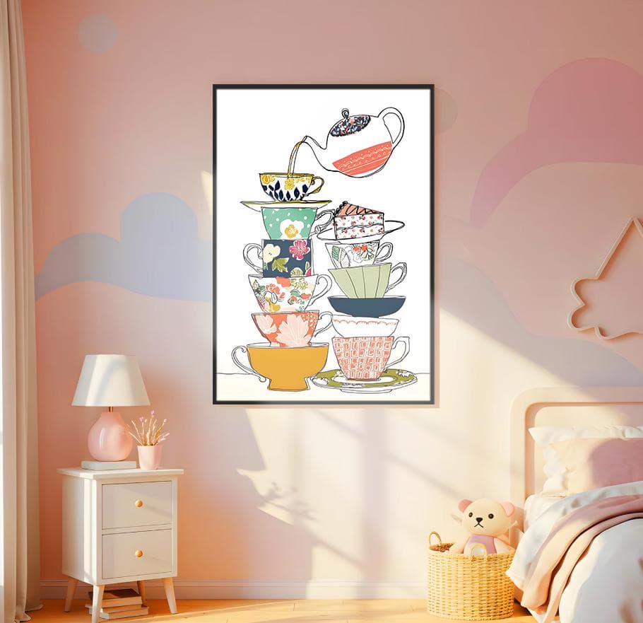 Tea Cups Poster Colorful Kitchen Poster Stacked Mug Whimsical Tea Party Artwork Modern Cafe Home Decor - image 4