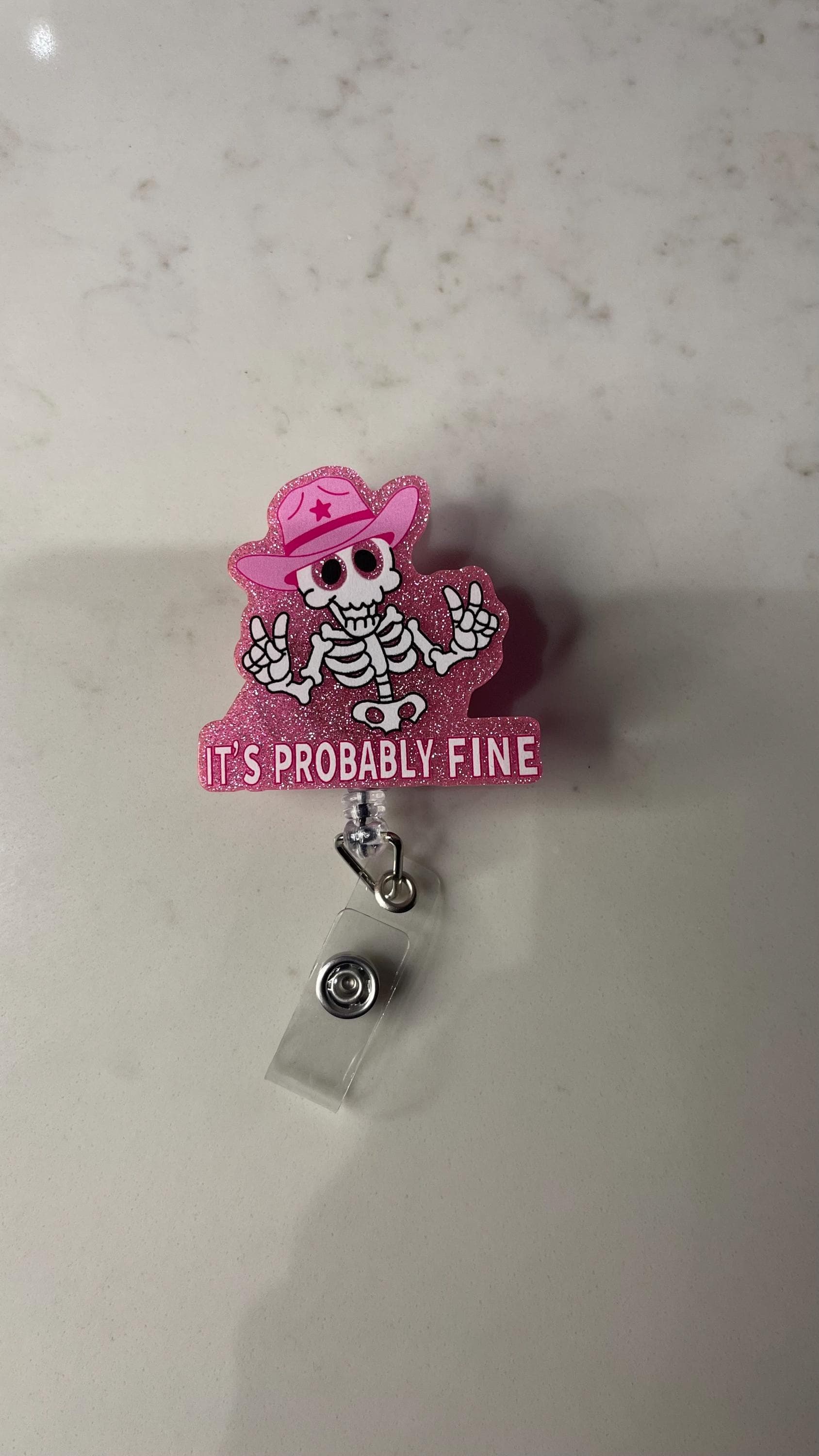 Pink Skeleton Badge Reel, Retractable Nurse Name Tag Holder - image 4