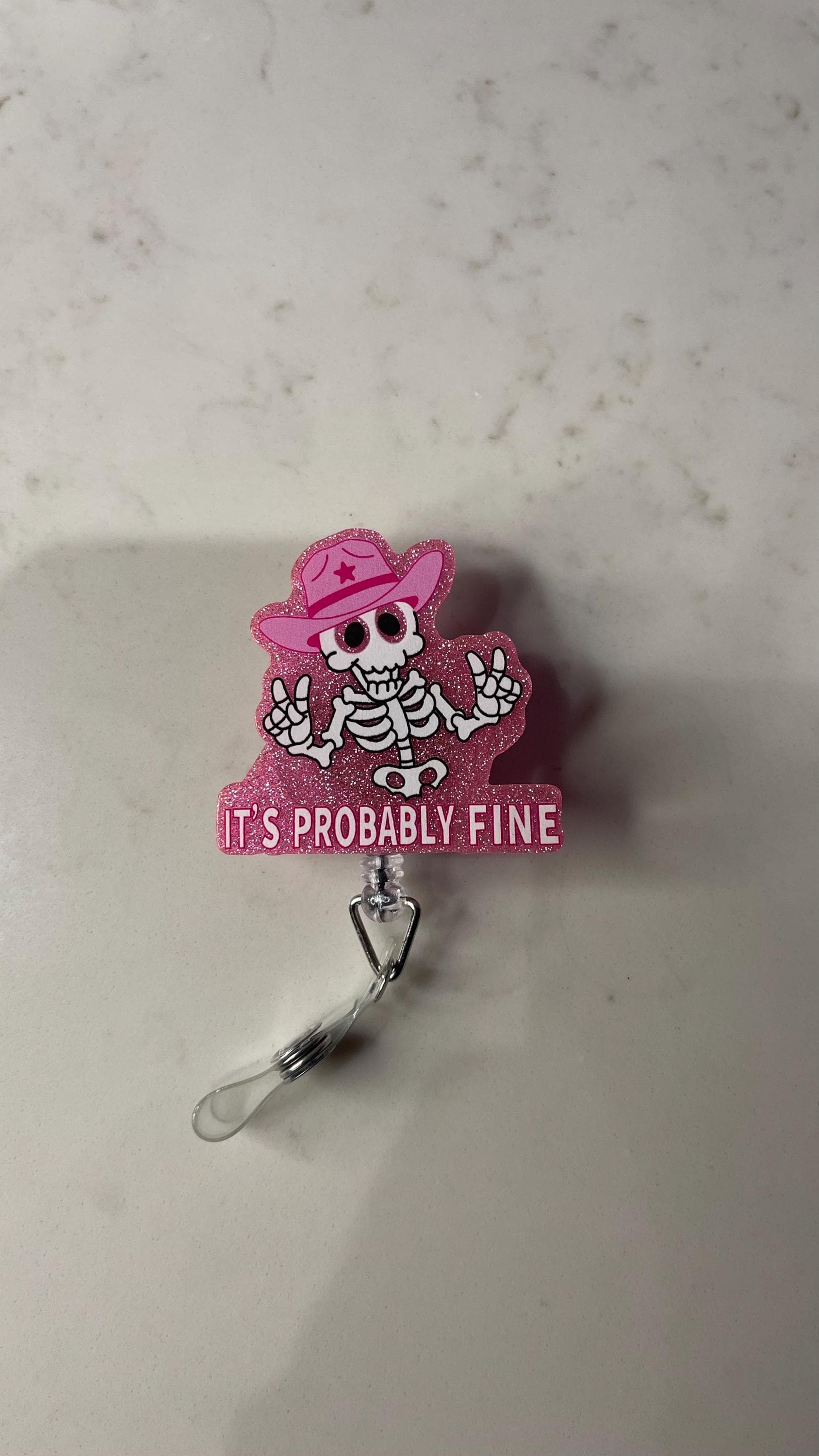 Pink Skeleton Badge Reel, Retractable Nurse Name Tag Holder