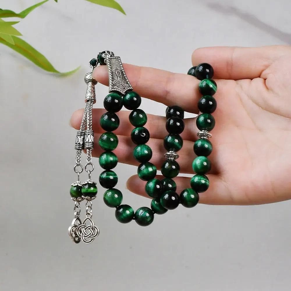 The Guardian’s Misbaha: Emerald Green Tiger Eye - 33 Beads, 10mm - Islamic Tasbih - Gift Luxury Packaging, Authentic Gemstone Tasbeeh Bead