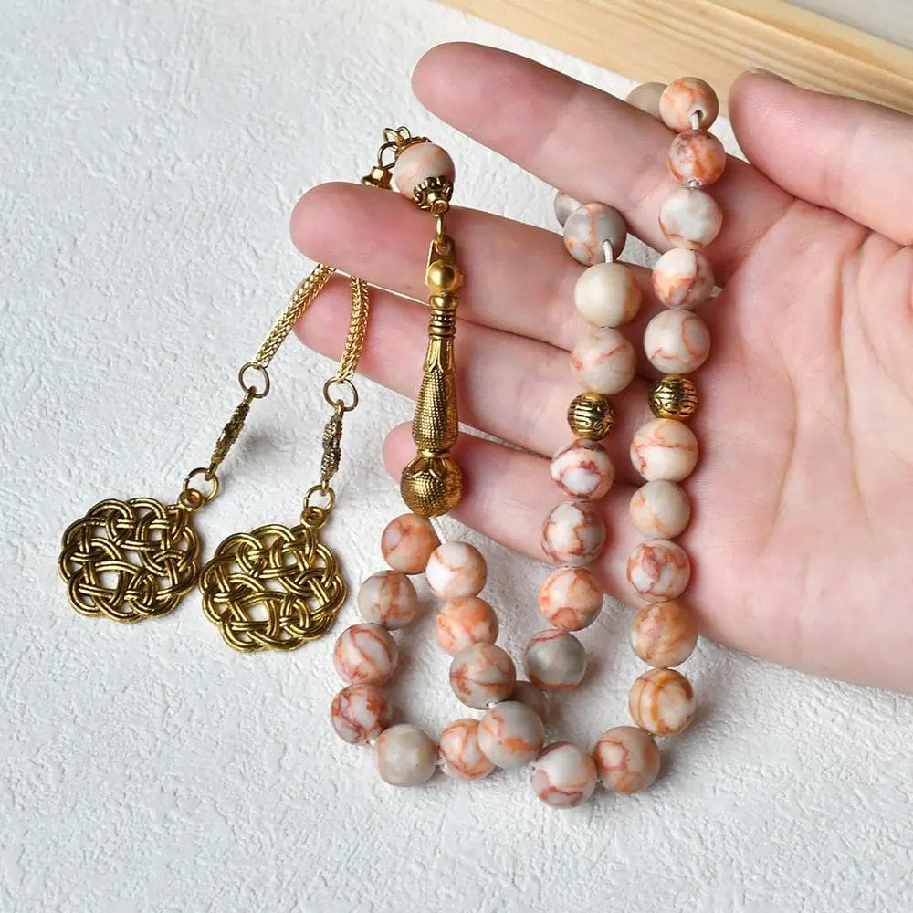 The Explorer’s Misbaha: Natural Pink Web Jasper - 33 Beads, 10mm - Islamic Tasbih - Gift Luxury Packaging, Authentic Gemstone Tasbeeh Bead