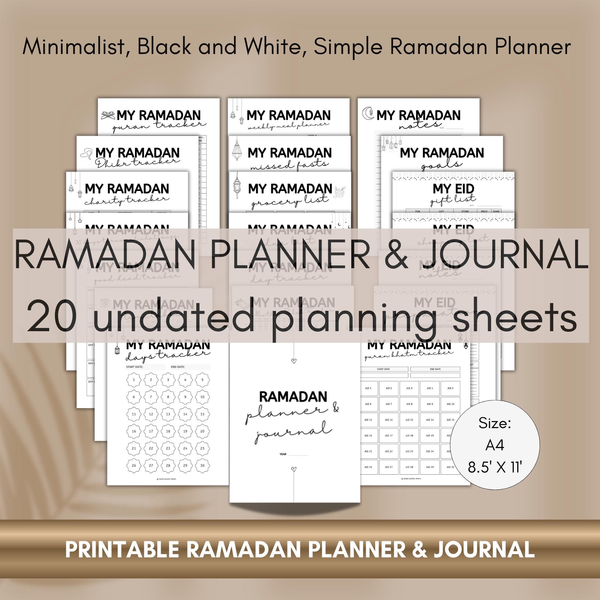 Printable Ramadan Planner and Journal 2026 — minimalist black and white Islamic planning sheets including Ramadan goals, fasting tracker, Quran tracker, prayer tracker, dua list, meal planner, grocery list, charity tracker, Taraweeh tracker, and Eid preparation pages. Undated A4 and 8.5x11 Islamic planner PDF.