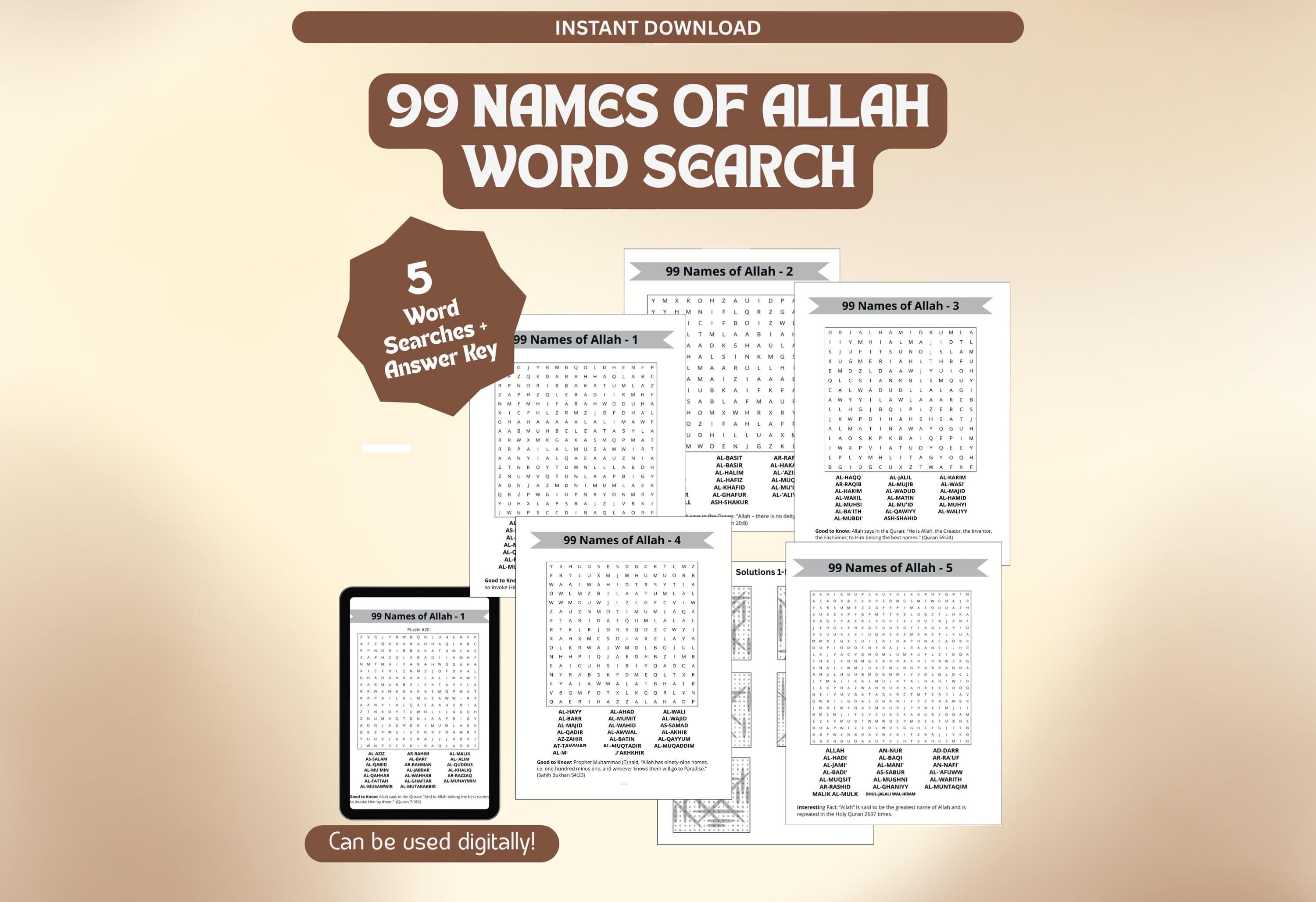 99 Names of Allah Word Search Bundle, Ramadan Activity, Islamic Printable, Islamic Game, Digital Download.