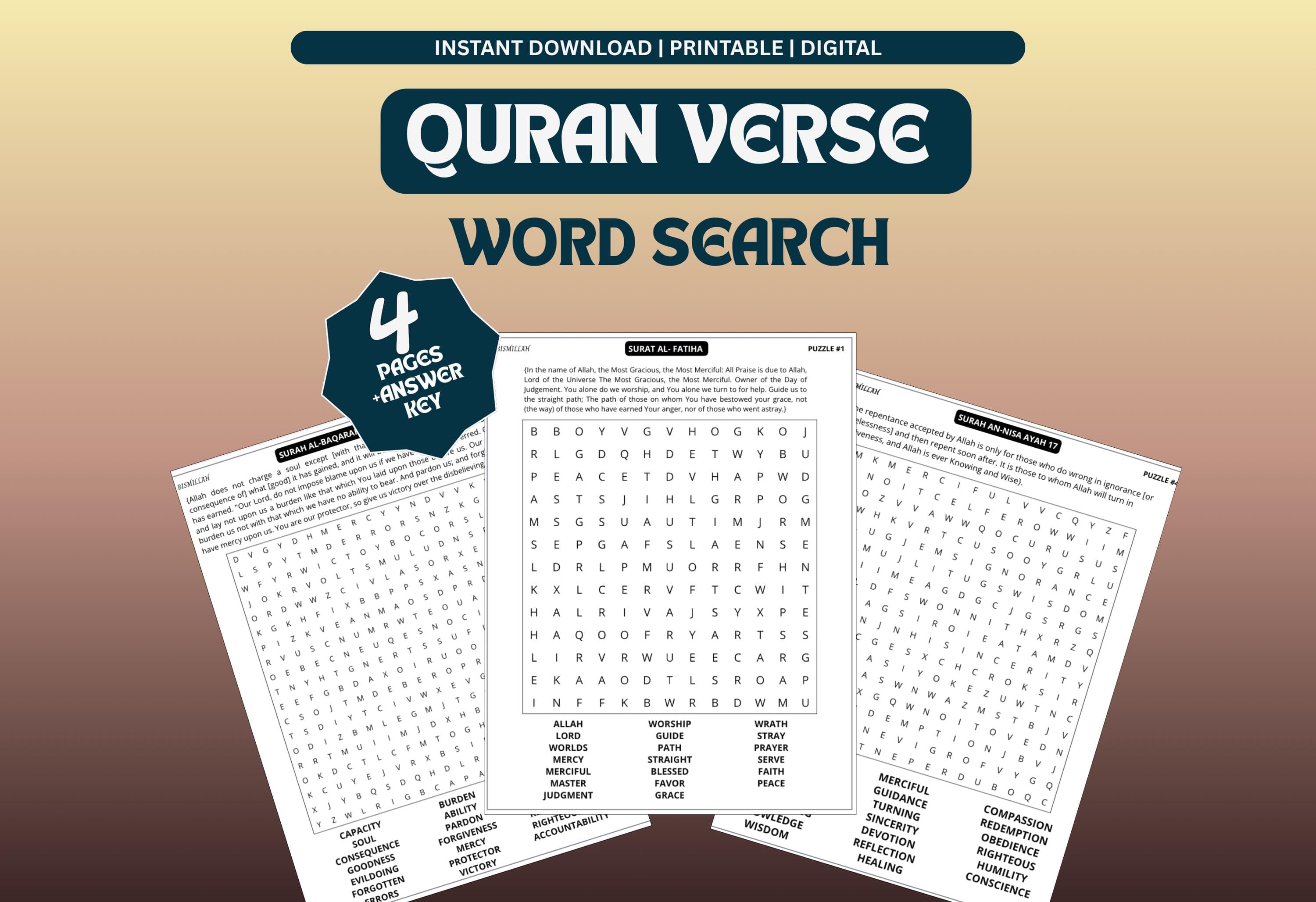Quran Verse Word Search Set 1, Ramadan Activity, Islamic Game, Islamic Printable, Digital Download.