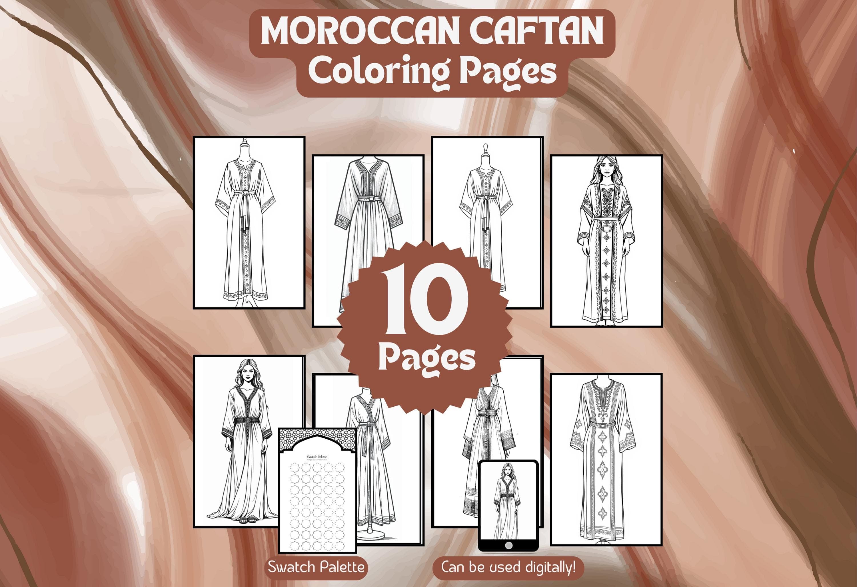 Moroccan Kaftan Coloring Book, Moroccan Fashion Coloring Pages, Islamic Fashion, Digital Download.
