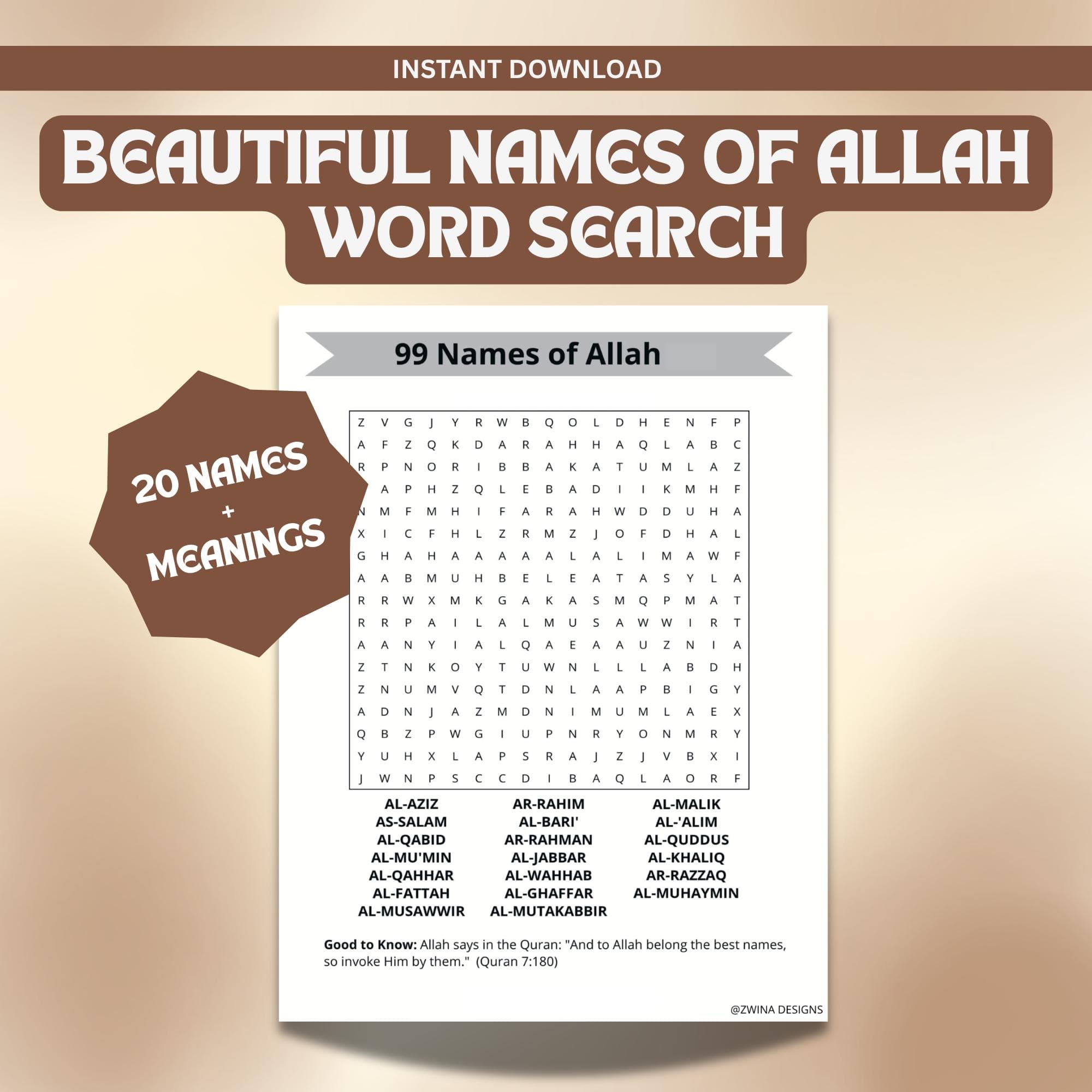 99 Names of Allah Word Search, Ramadan Activity, Islamic Printable, Islamic Game, Digital Download.