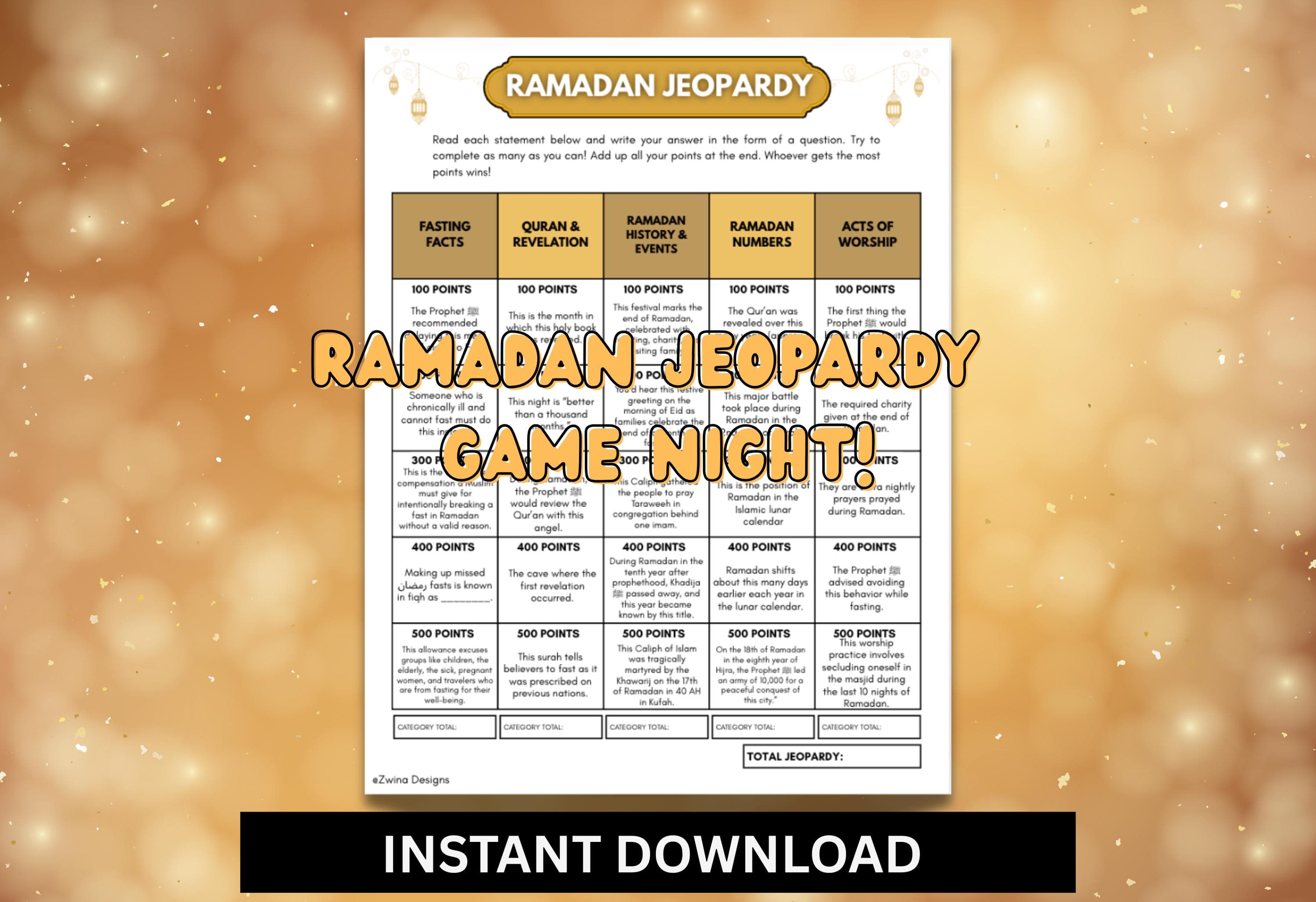Ramadan Jeopardy Game | Islamic Trivia Game | Ramadan Activity | Islamic Printable for Kids & Adults | Digital Download