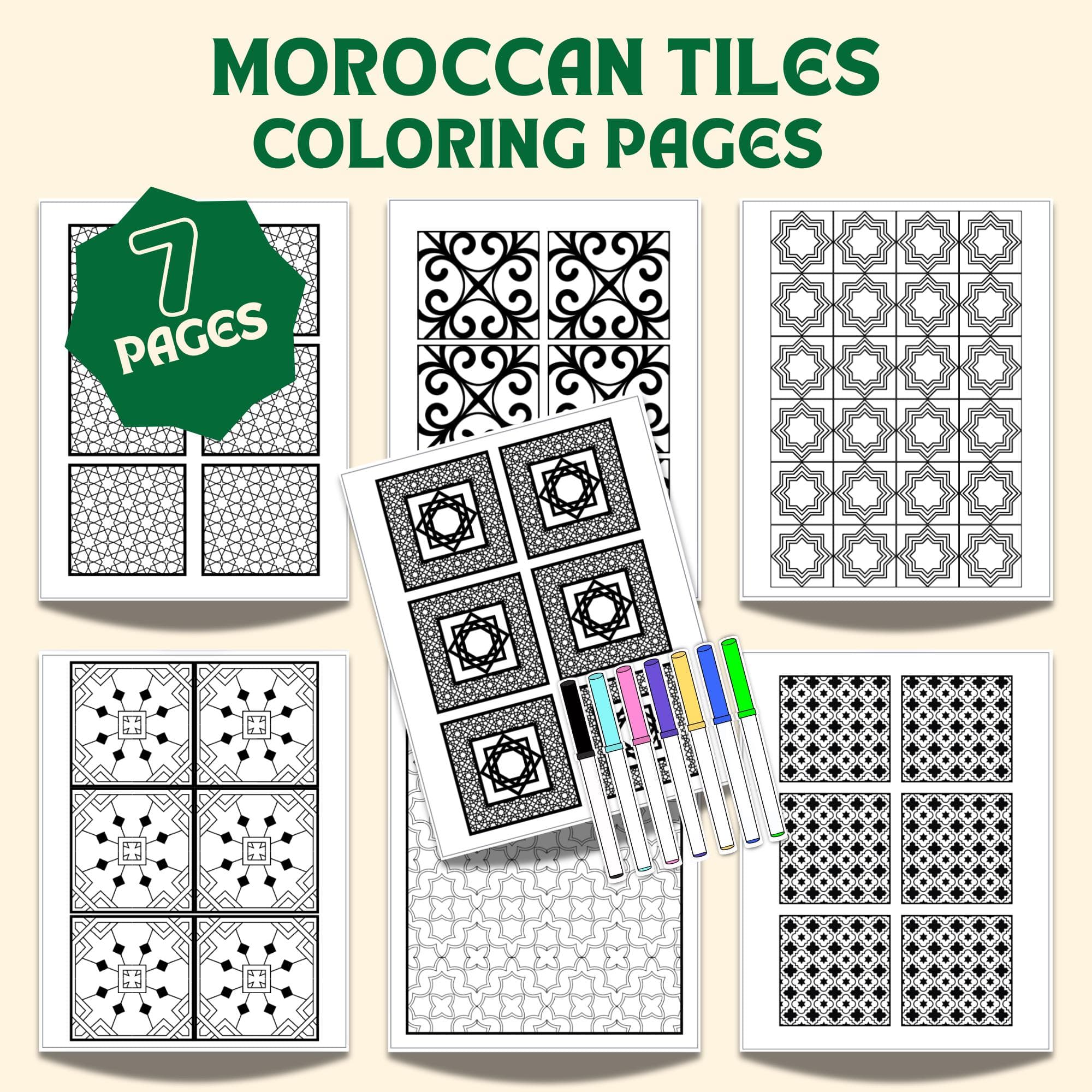 Moroccan Tile Coloring Pages | Islamic Geometric Patterns | Printable Digital (PDF & PNG) - image 3