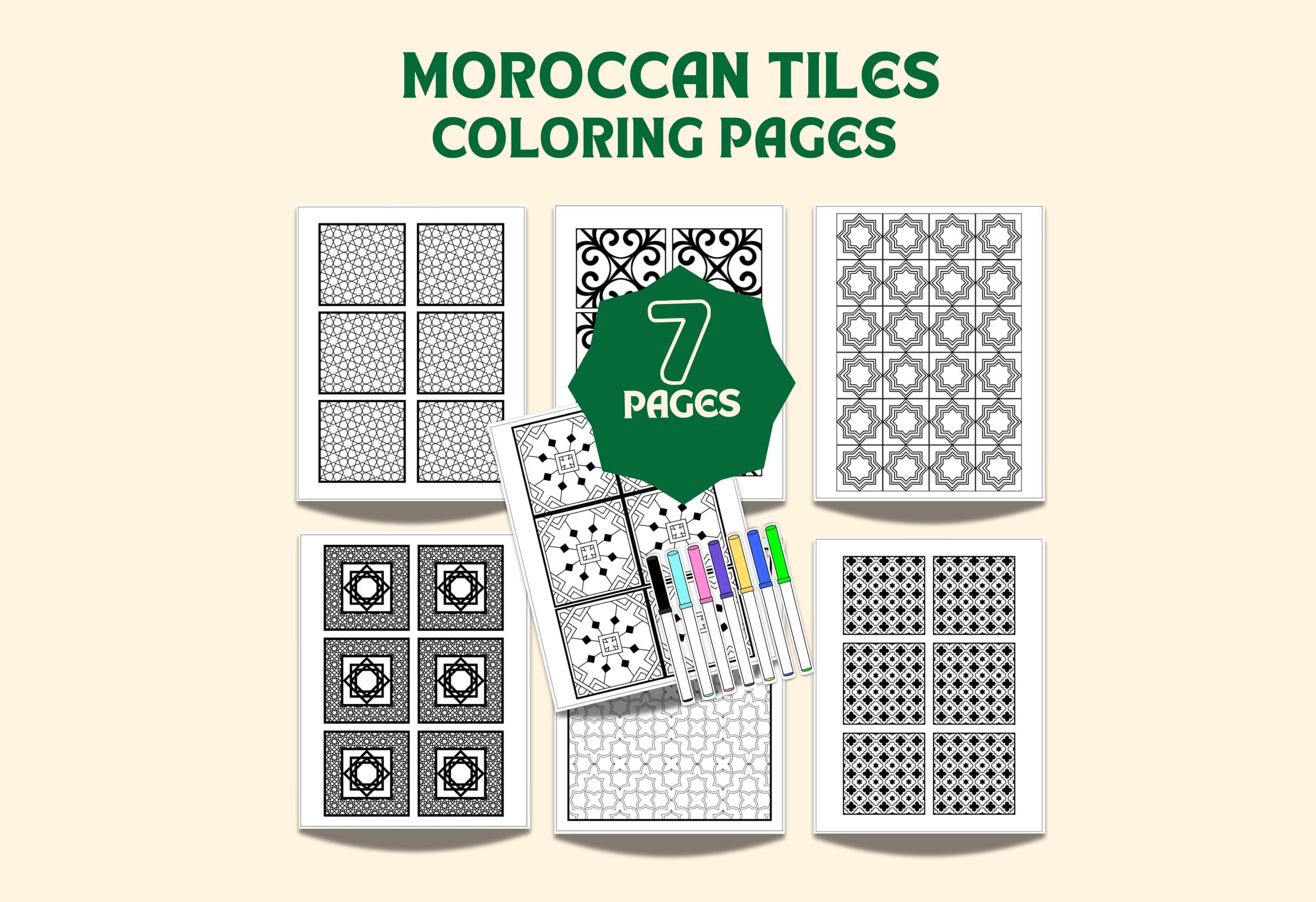 Moroccan Tile Coloring Pages | Islamic Geometric Patterns | Printable Digital (PDF & PNG)
