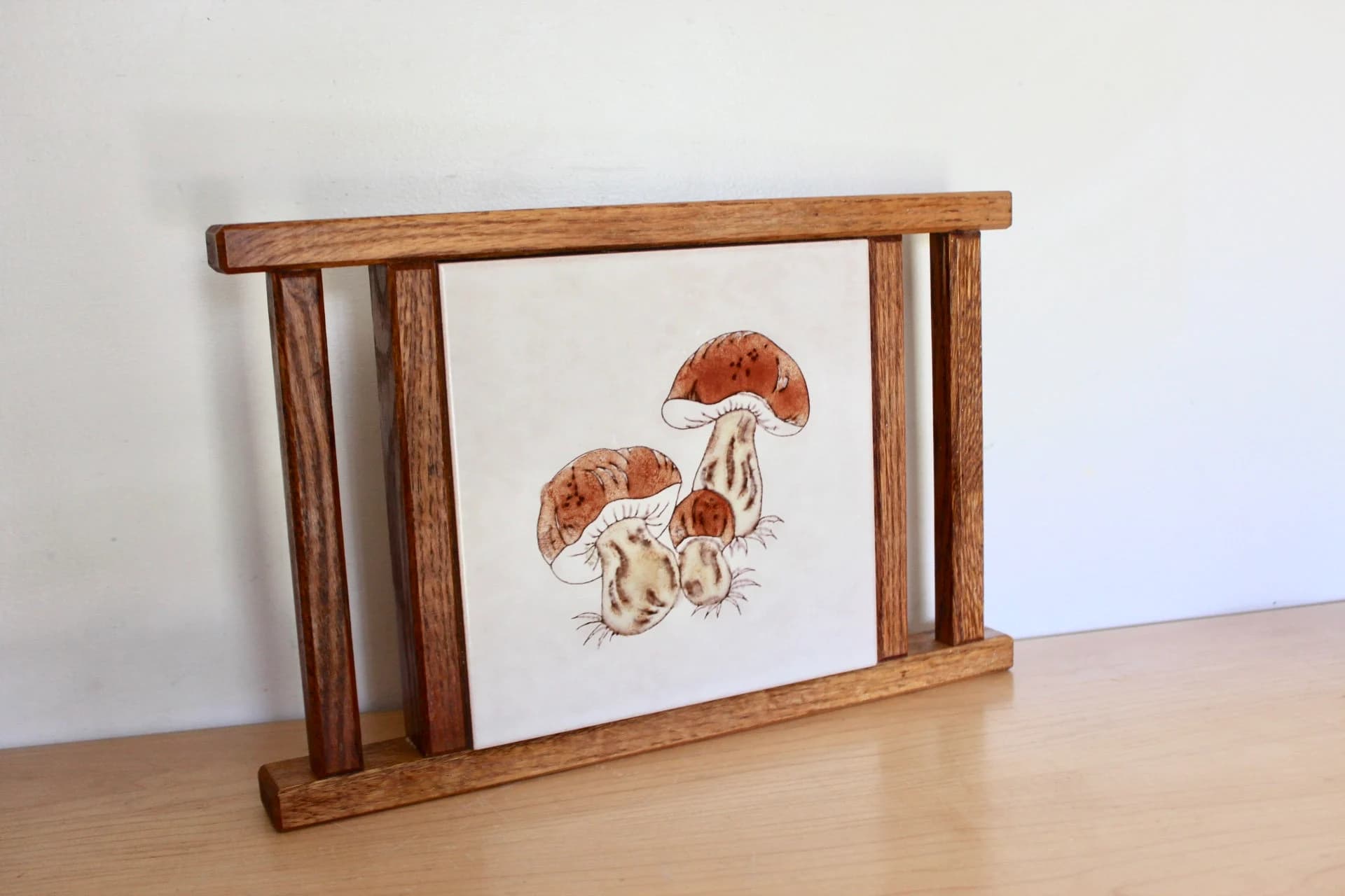 Mod Mushroom Tile Trivet 14" - Oak Wood Handmade Pegged Corners