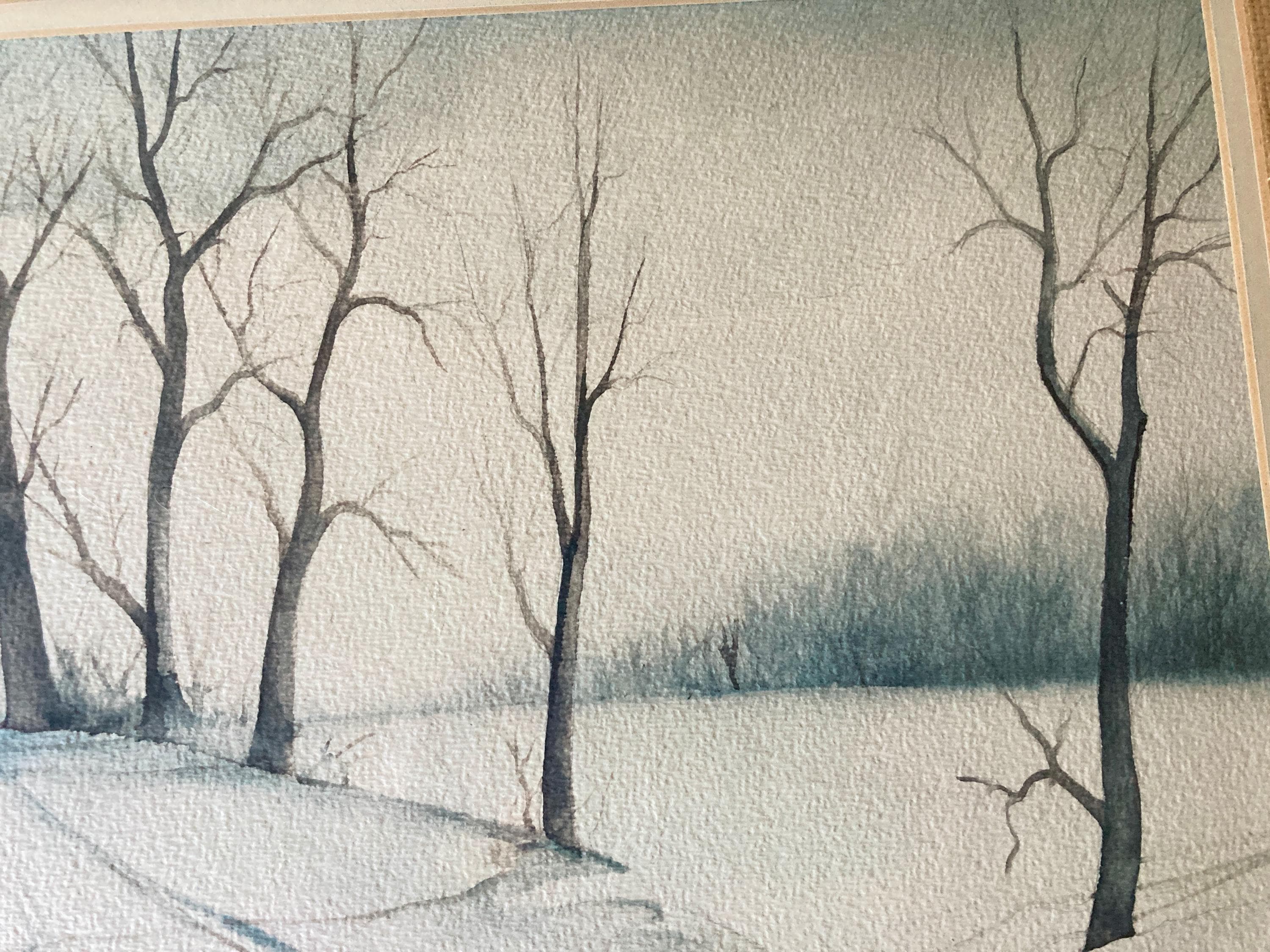 Serene Trees 21 x 18 Watercolor Painting Mid Century Wood Frame and Burlap Mat - image 3