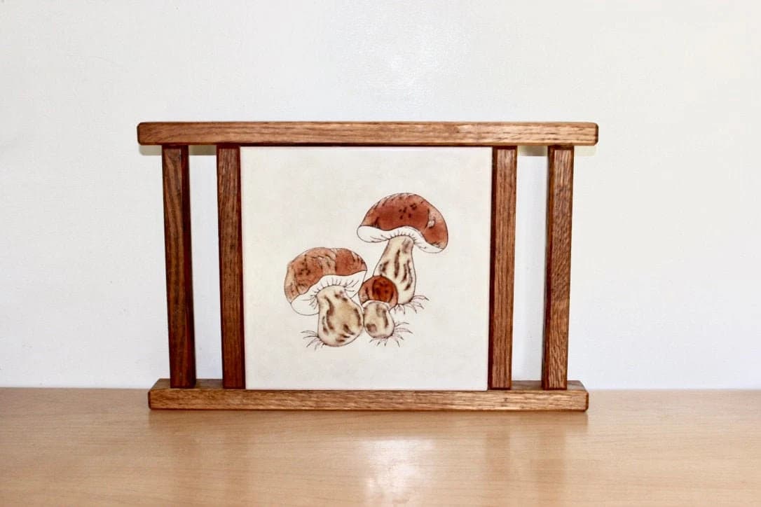 Mod Mushroom Tile Trivet 14" - Oak Wood Handmade Pegged Corners - image 5