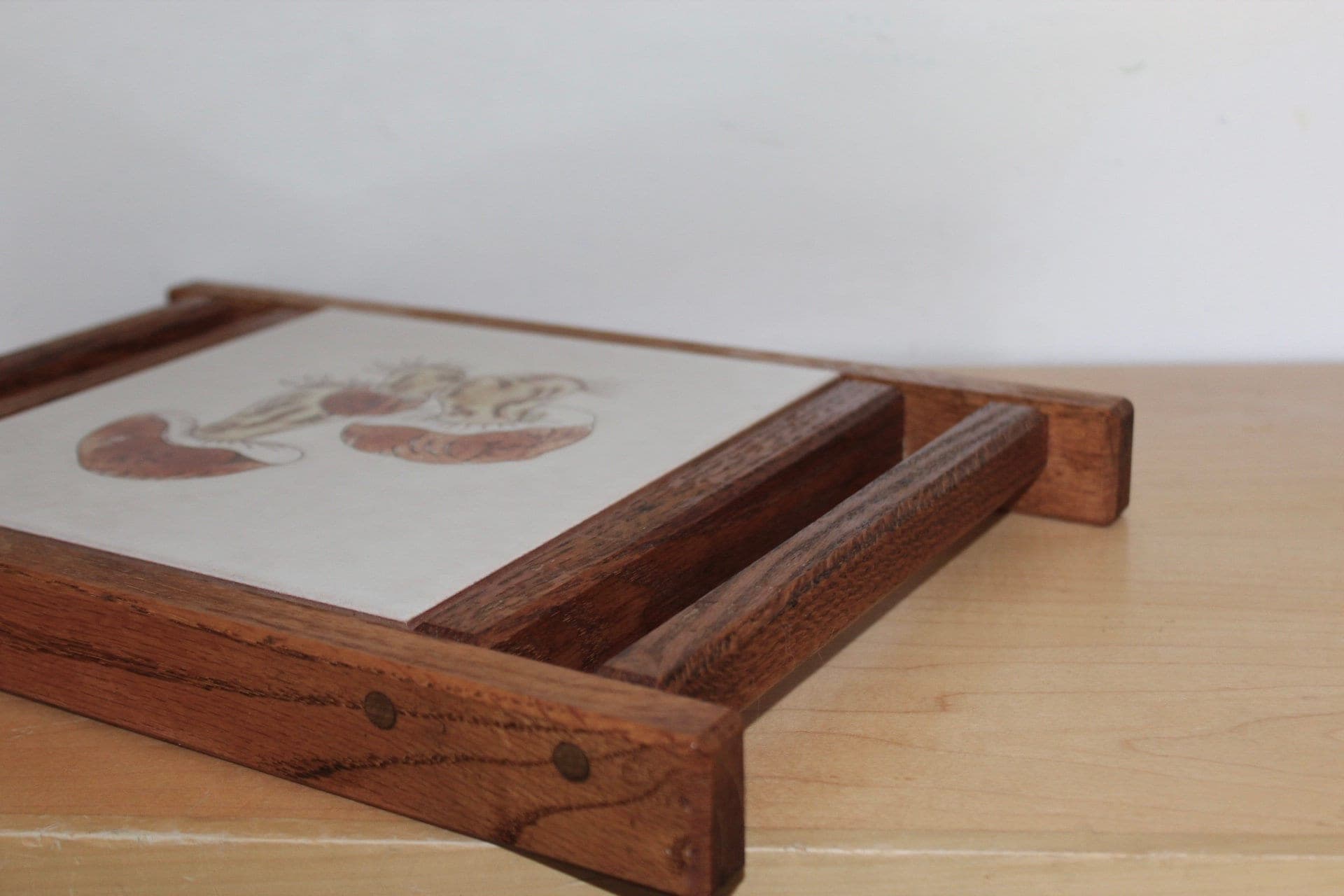 Mod Mushroom Tile Trivet 14" - Oak Wood Handmade Pegged Corners - image 4