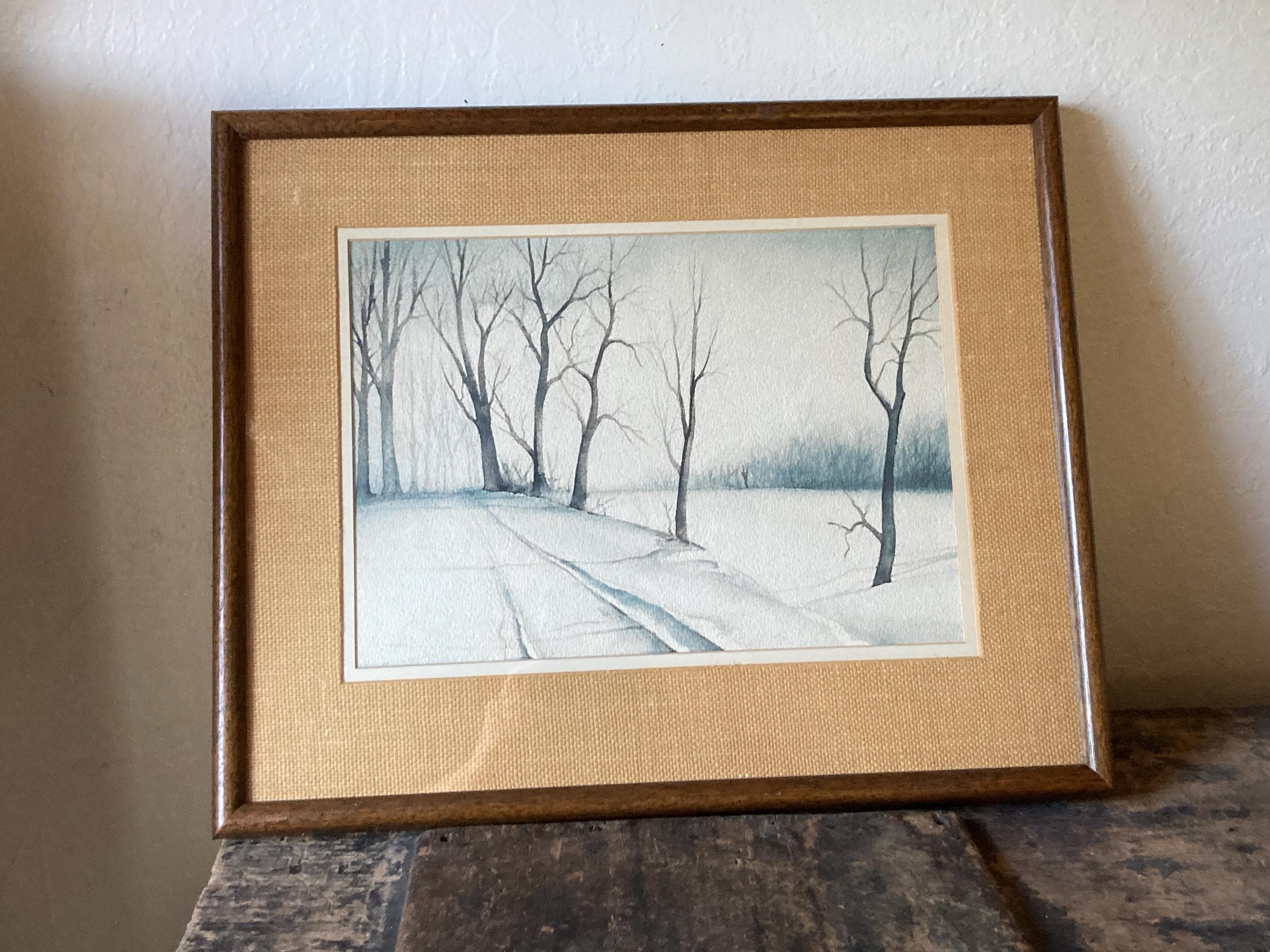 Serene Trees 21 x 18 Watercolor Painting Mid Century Wood Frame and Burlap Mat - image 4