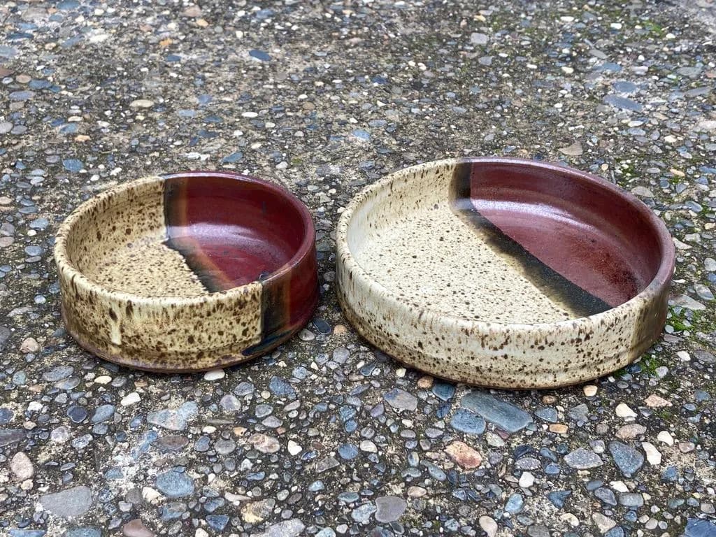 Houle Pottery Low Bowls 5.5 & 7W" Deep Red and Speckled Glazes Stacks