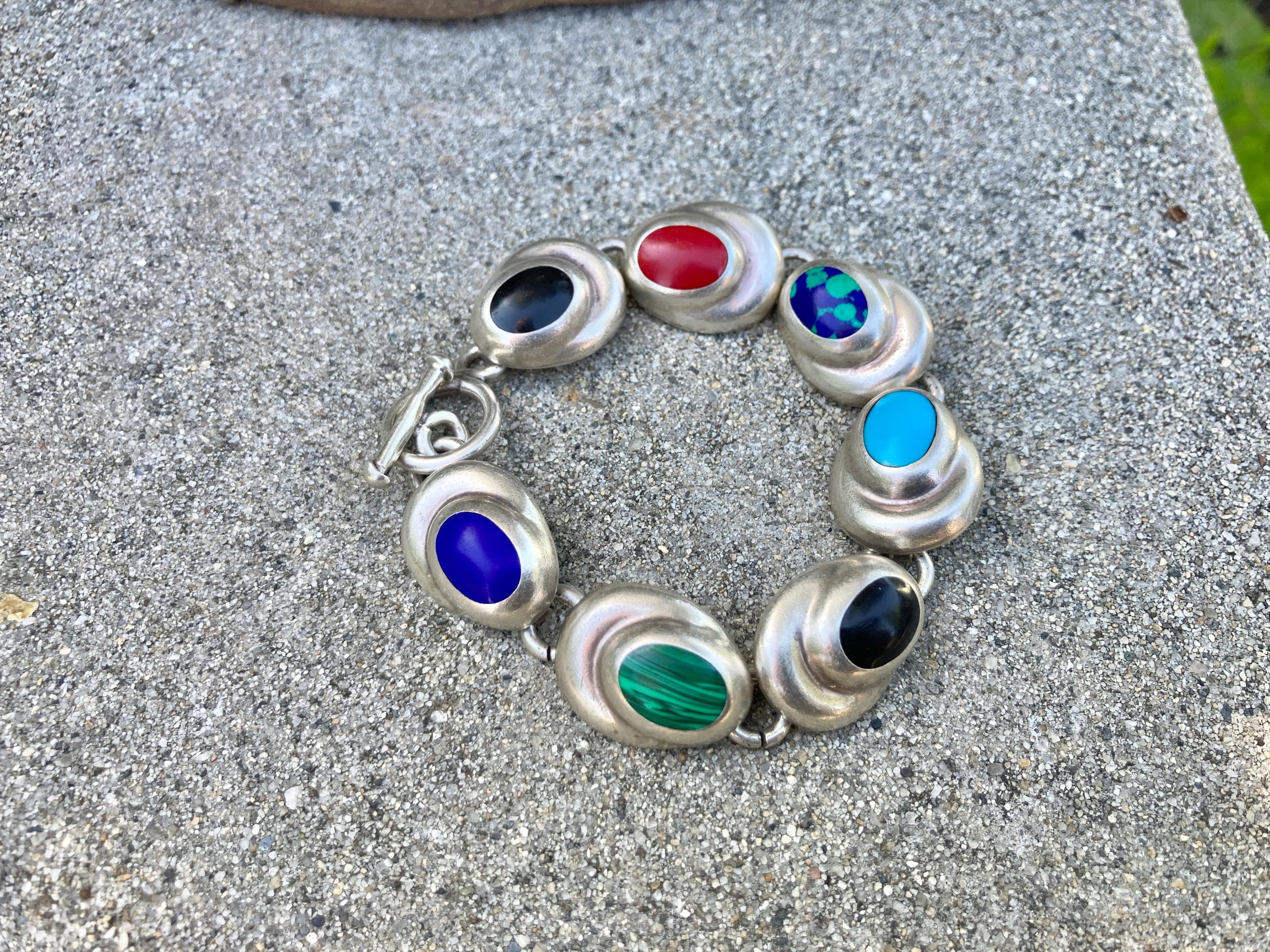 Modern Mexican Multi Stone 925 Sterling Bracelet - image 2