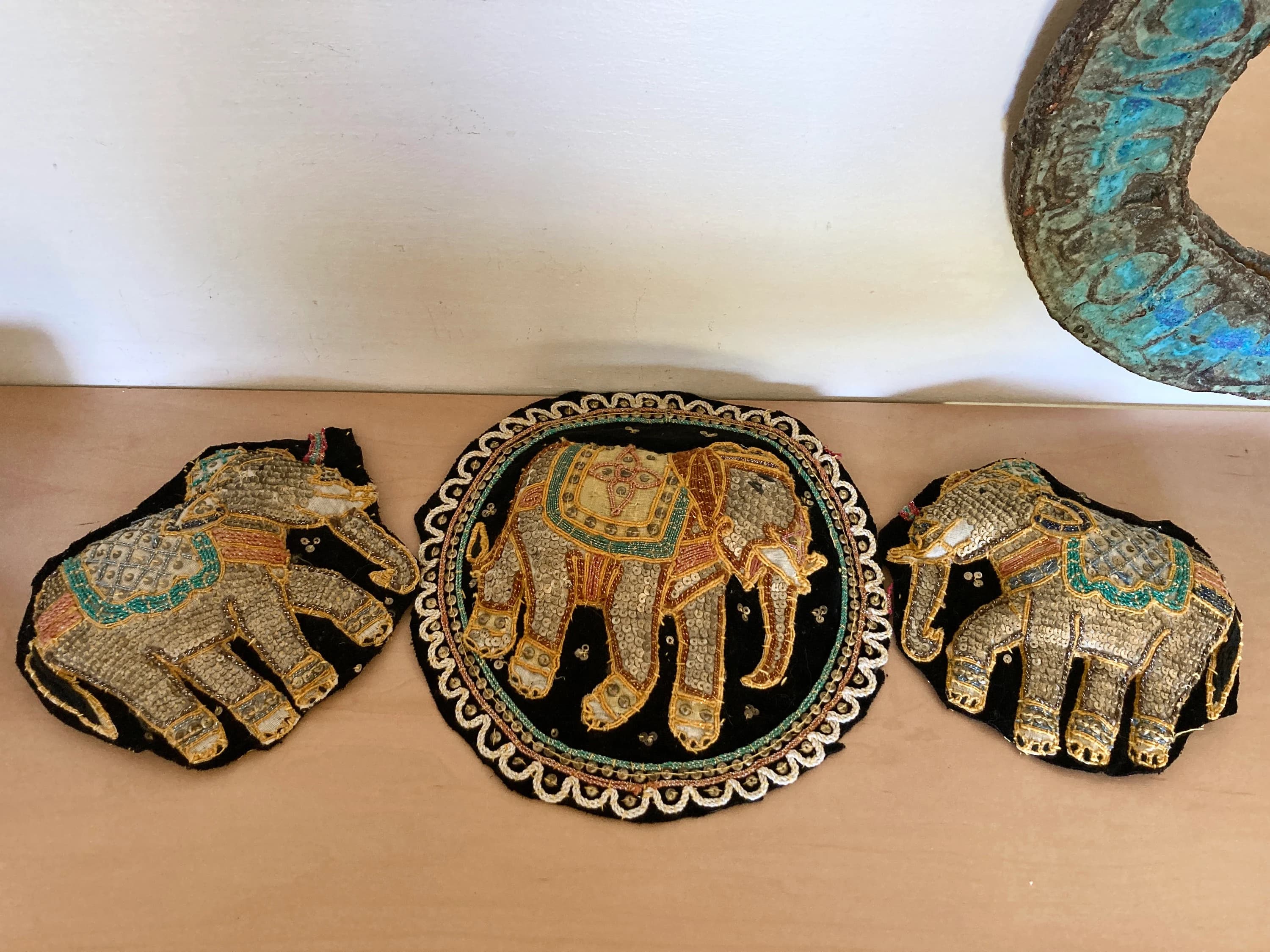 Vintage 3 Burmese Kalaga Elephants Embroidered Sequined Matching Pieces for Project - image 4