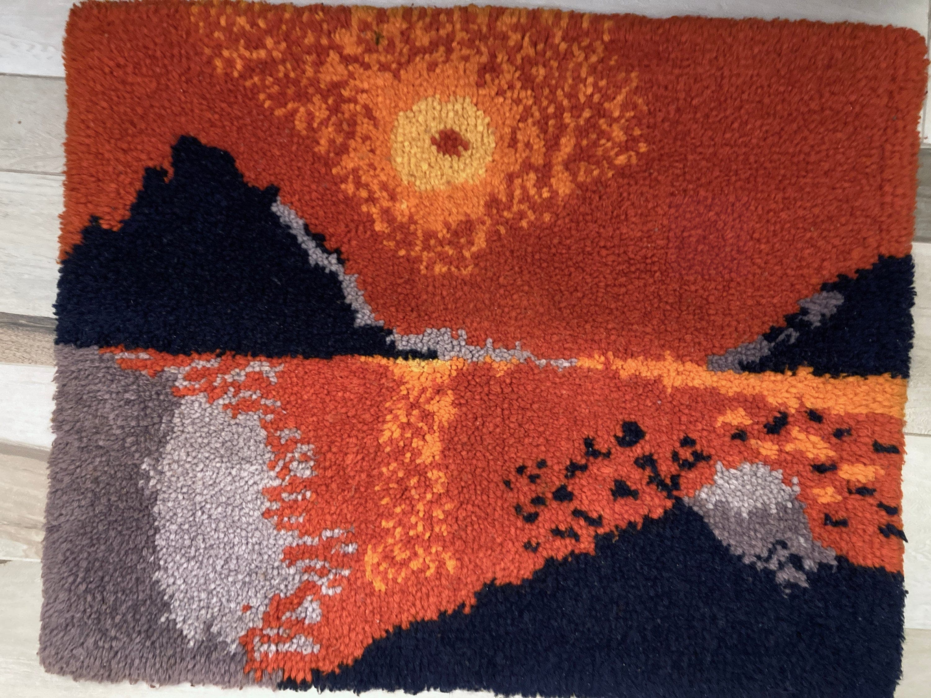 Mod 1960s Hand Knotted  3 x 2.2' Dense Wool. Sunset Mountains Wall Hanging - image 3