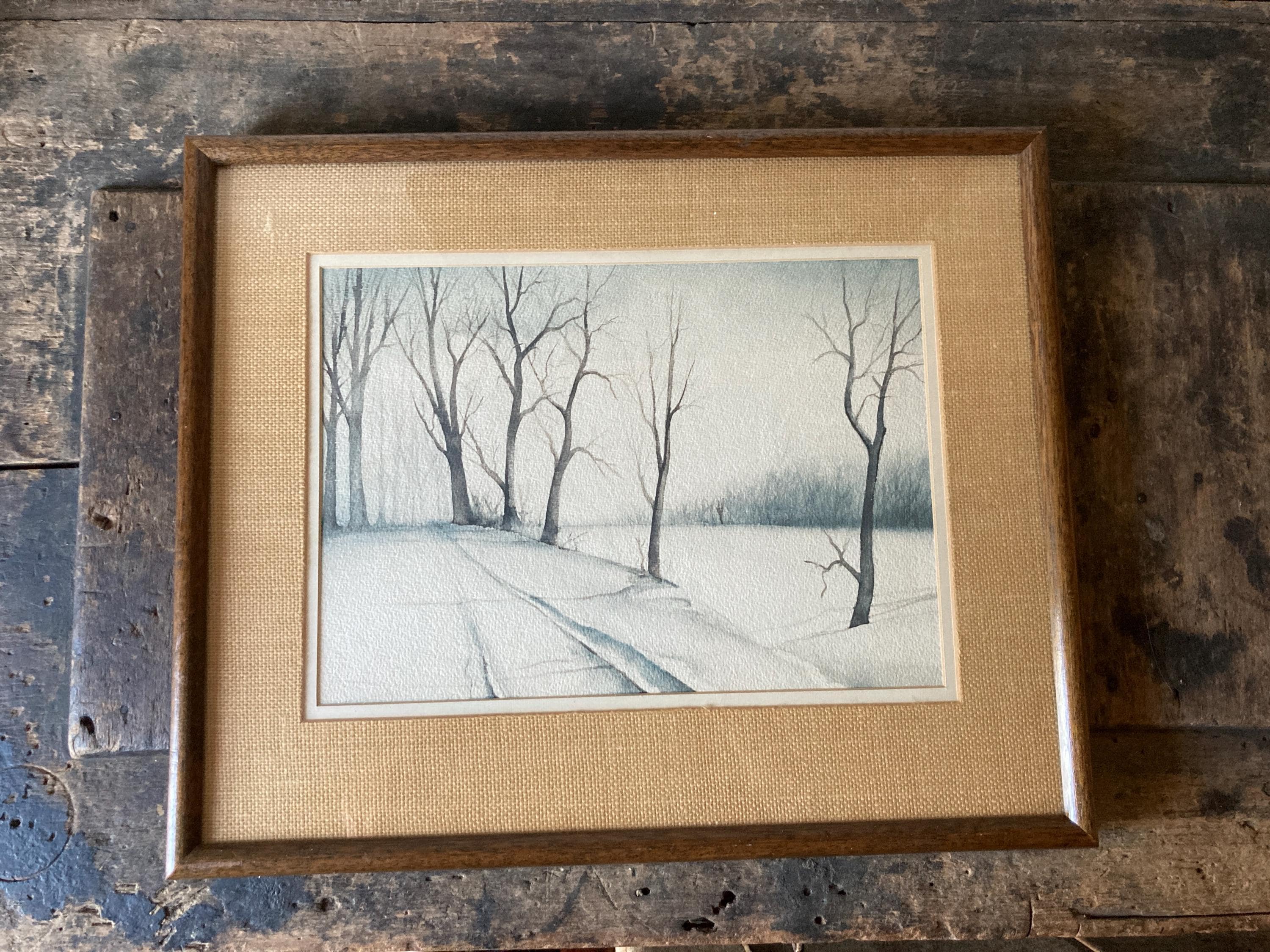 Serene Trees 21 x 18 Watercolor Painting Mid Century Wood Frame and Burlap Mat