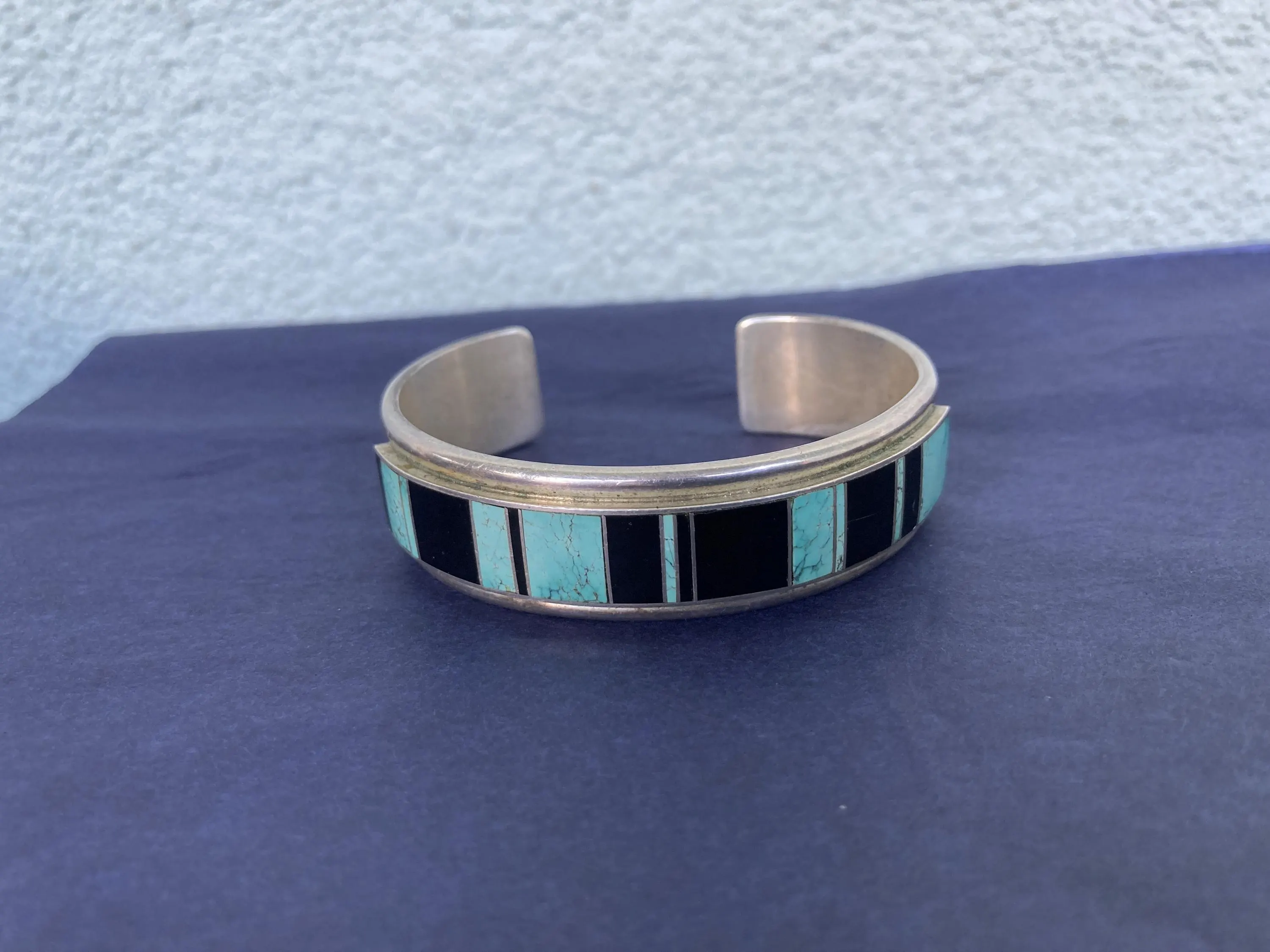 A. Yazzie Navajo Turquoise Onyx .925 Inlay Cuff Bracelet Sterling Silver