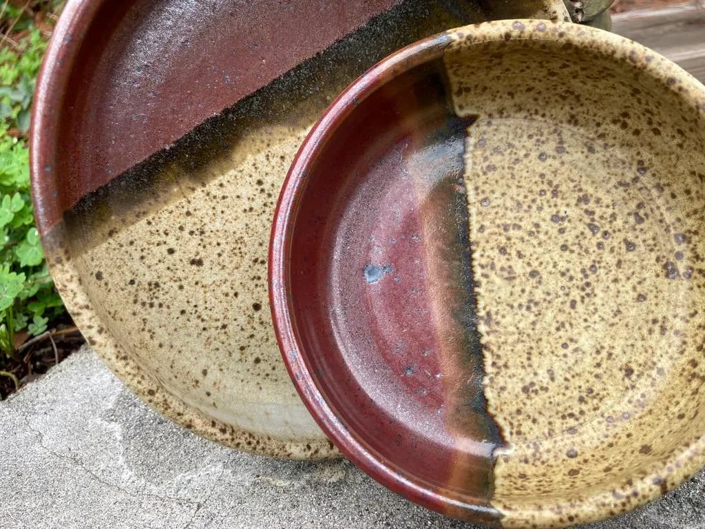 Houle Pottery Low Bowls 5.5 & 7W" Deep Red and Speckled Glazes Stacks - image 3