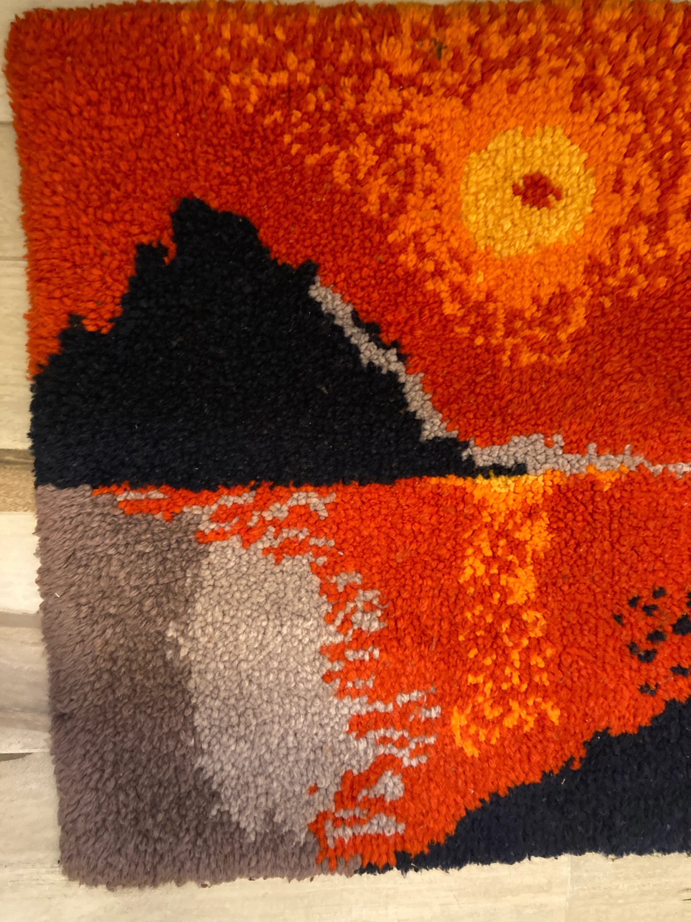 Mod 1960s Hand Knotted  3 x 2.2' Dense Wool. Sunset Mountains Wall Hanging - image 5