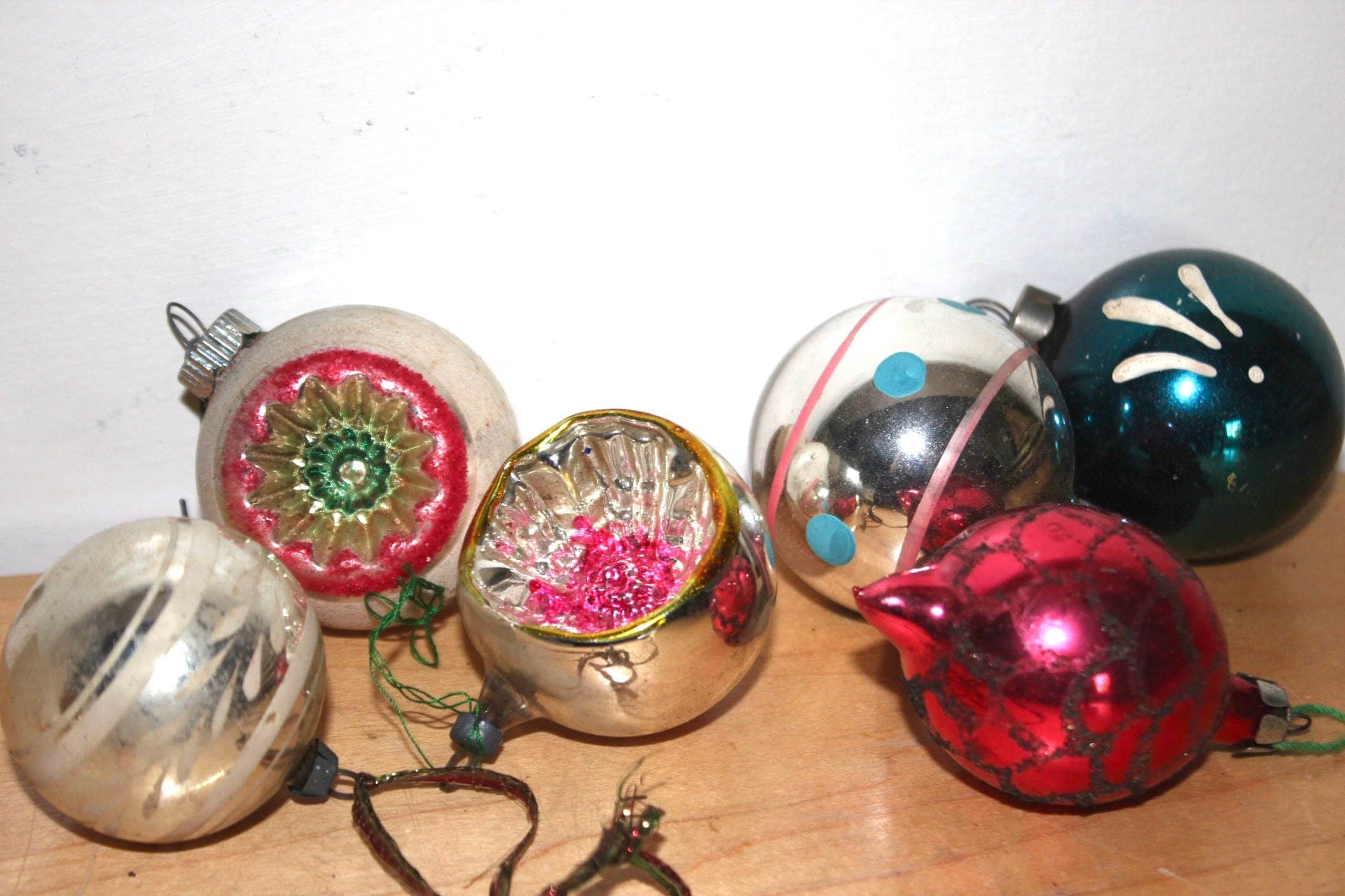 Set 6 Vintage Christmas Ornaments Assorted - Pink Silver Blue Red Polka Dot