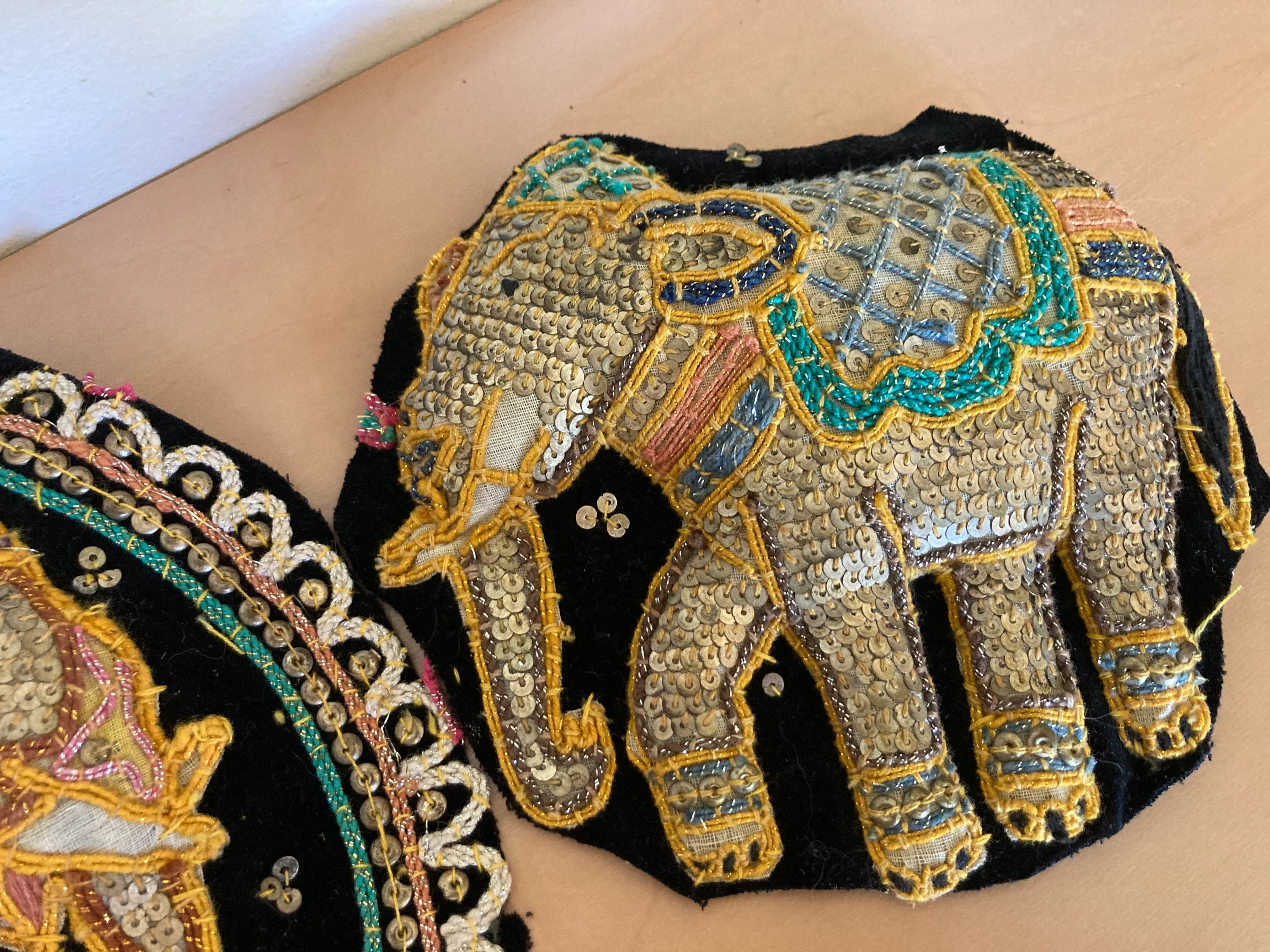 Vintage 3 Burmese Kalaga Elephants Embroidered Sequined Matching Pieces for Project
