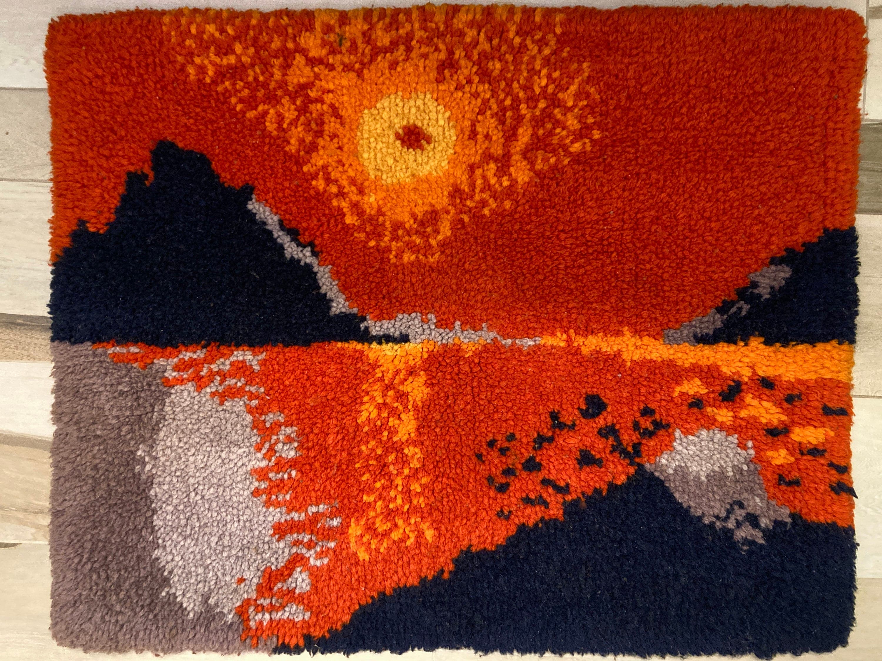 Mod 1960s Hand Knotted  3 x 2.2' Dense Wool. Sunset Mountains Wall Hanging