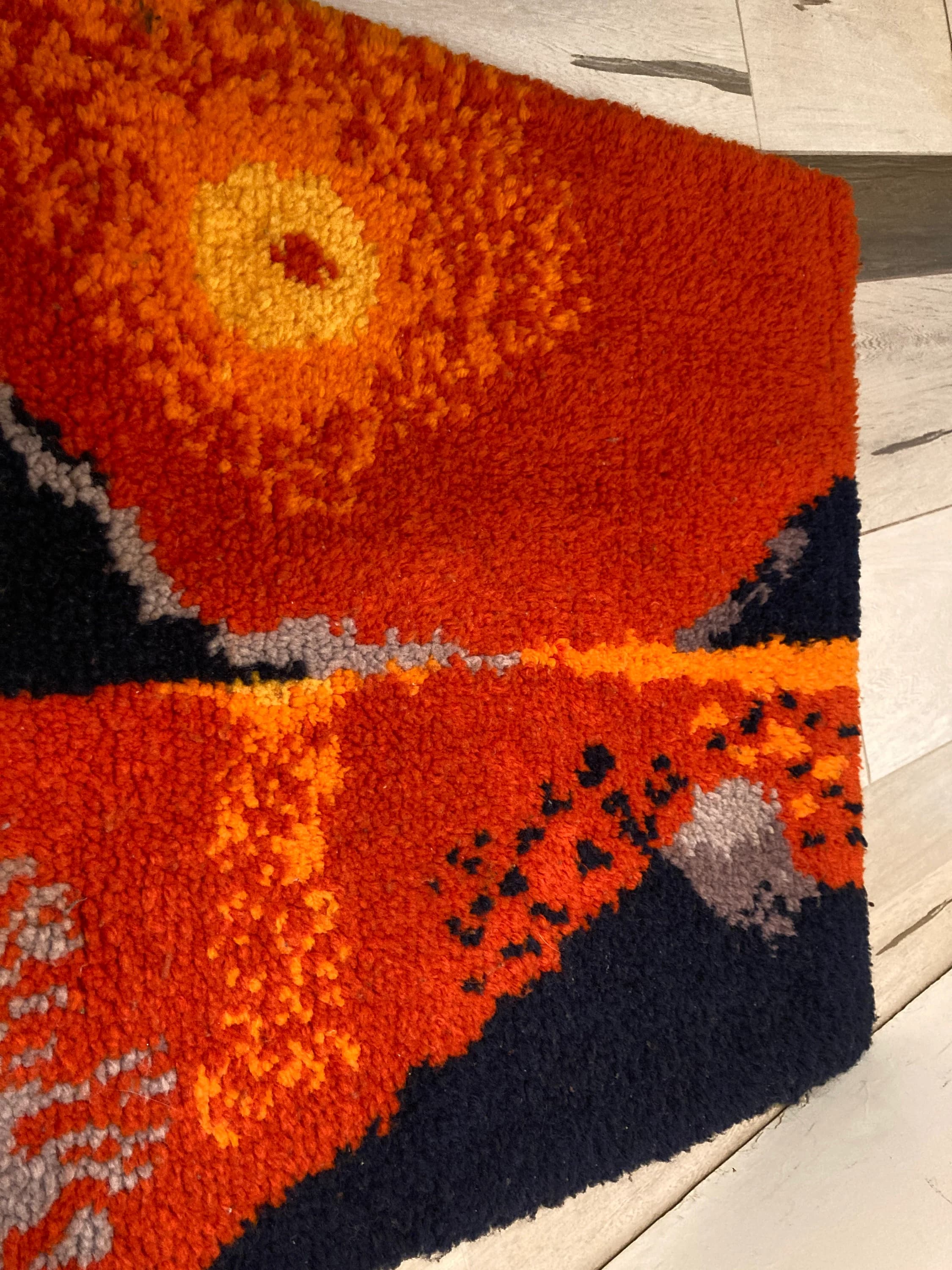 Mod 1960s Hand Knotted  3 x 2.2' Dense Wool. Sunset Mountains Wall Hanging - image 4