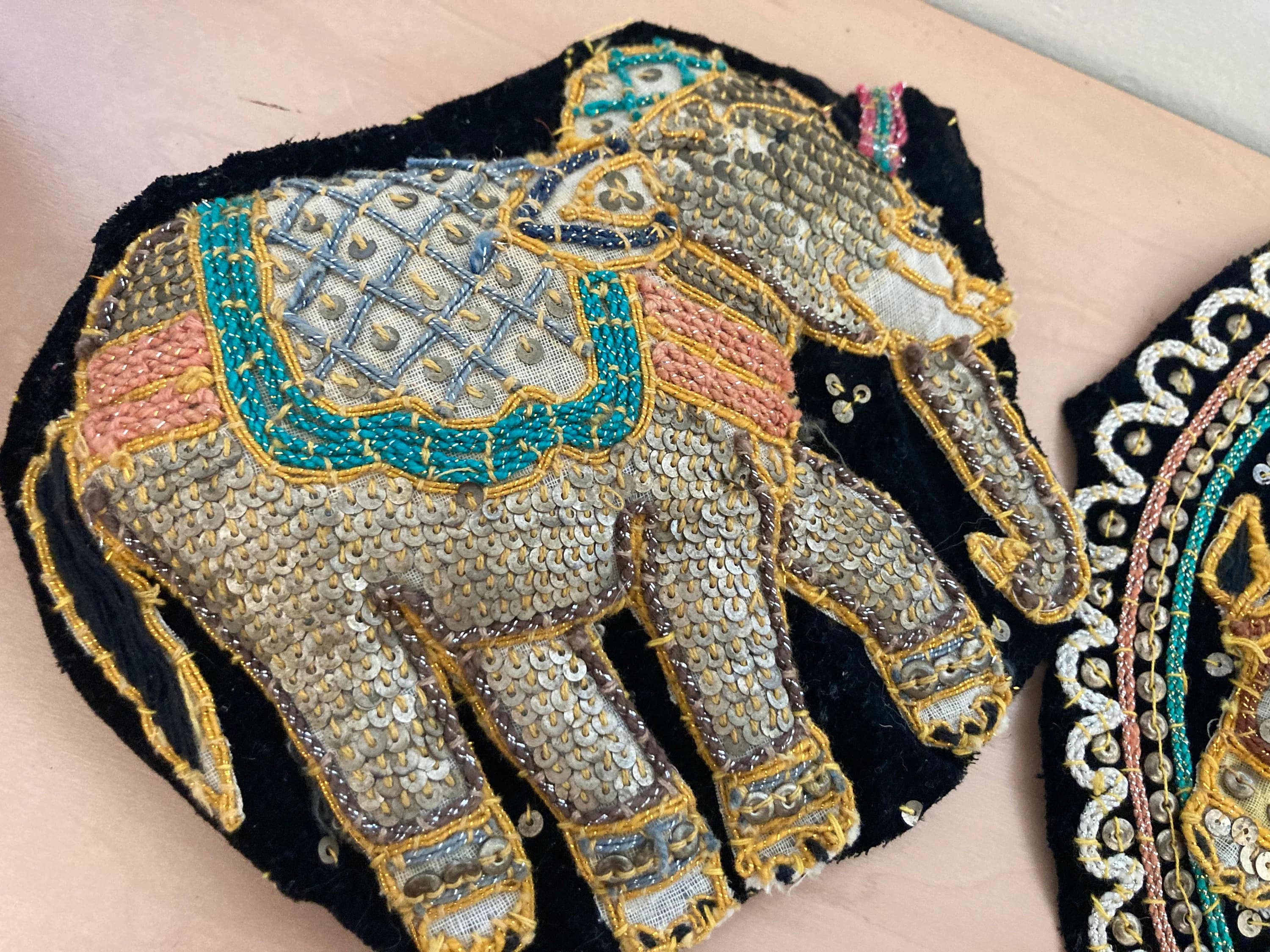 Vintage 3 Burmese Kalaga Elephants Embroidered Sequined Matching Pieces for Project - image 5