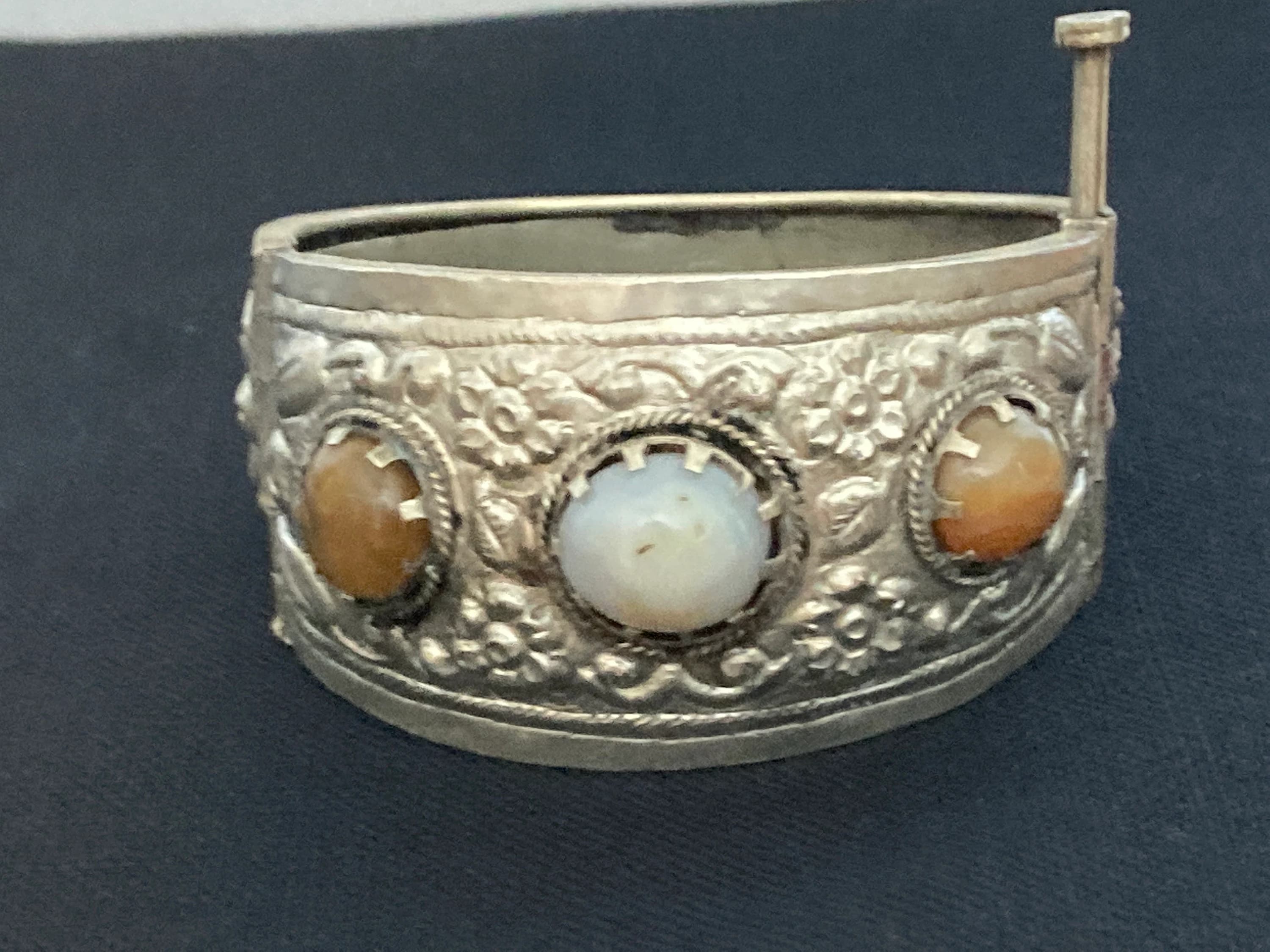 Vintage Tribal Wide Bracelet Silver w/ 3 Stones Hinged Pull Pin Closure