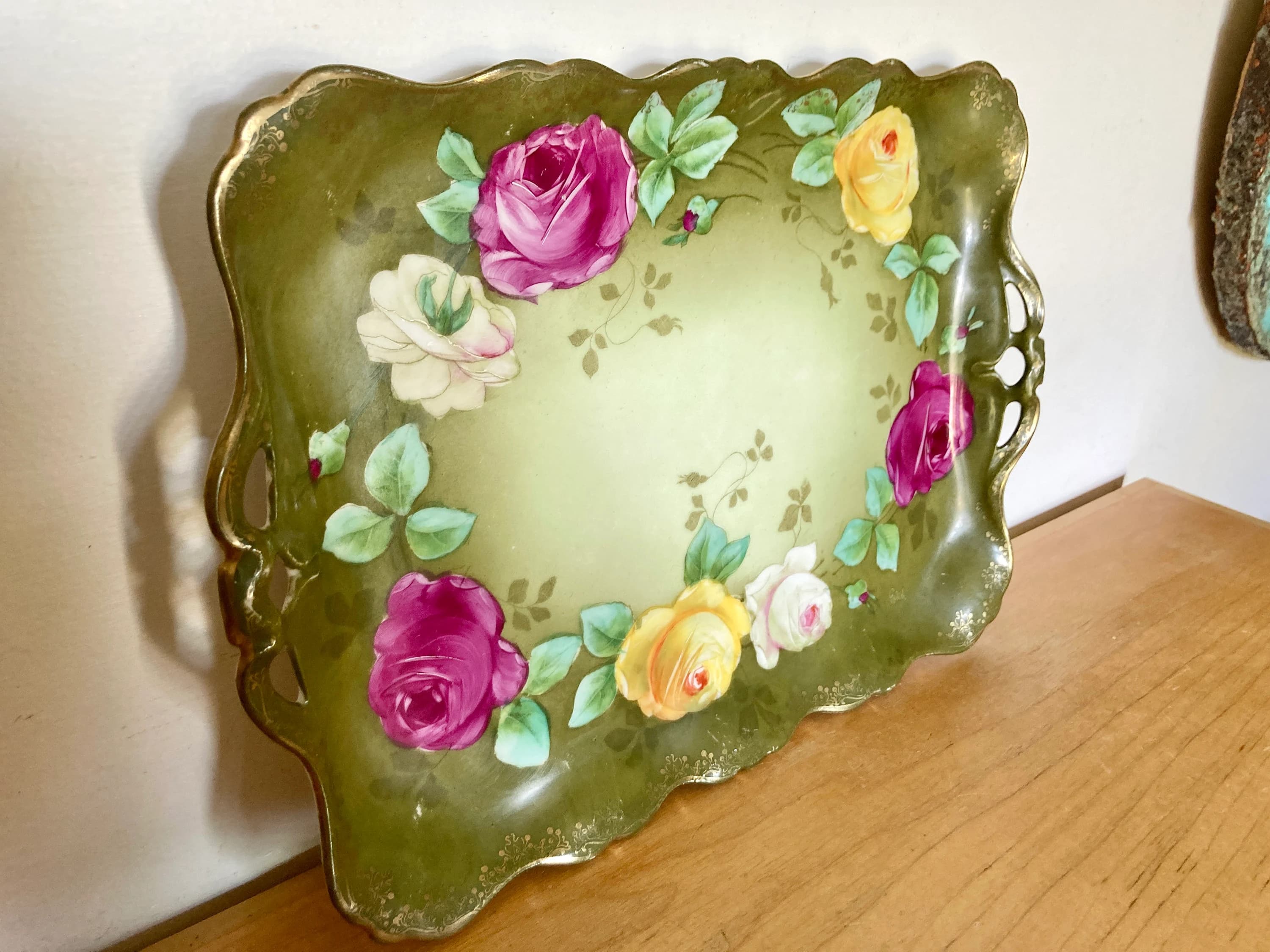 Royal Rudolstadt Prussia Hand painted 11.5L” Vanity Tray Artist Signed Royal Rose and Gold Gilt - image 2