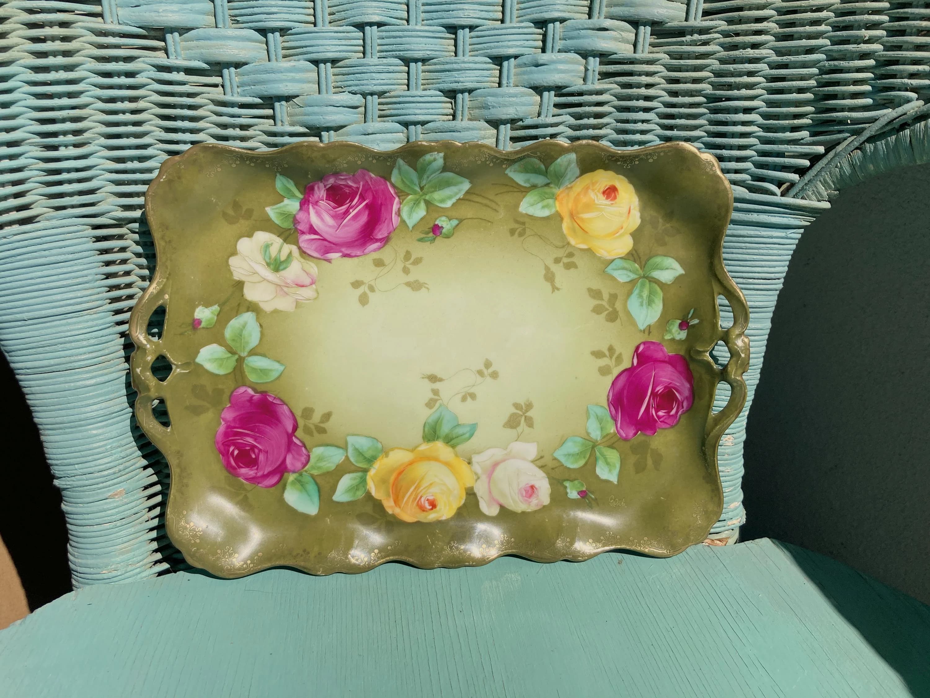 Royal Rudolstadt Prussia Hand painted 11.5L” Vanity Tray Artist Signed Royal Rose and Gold Gilt