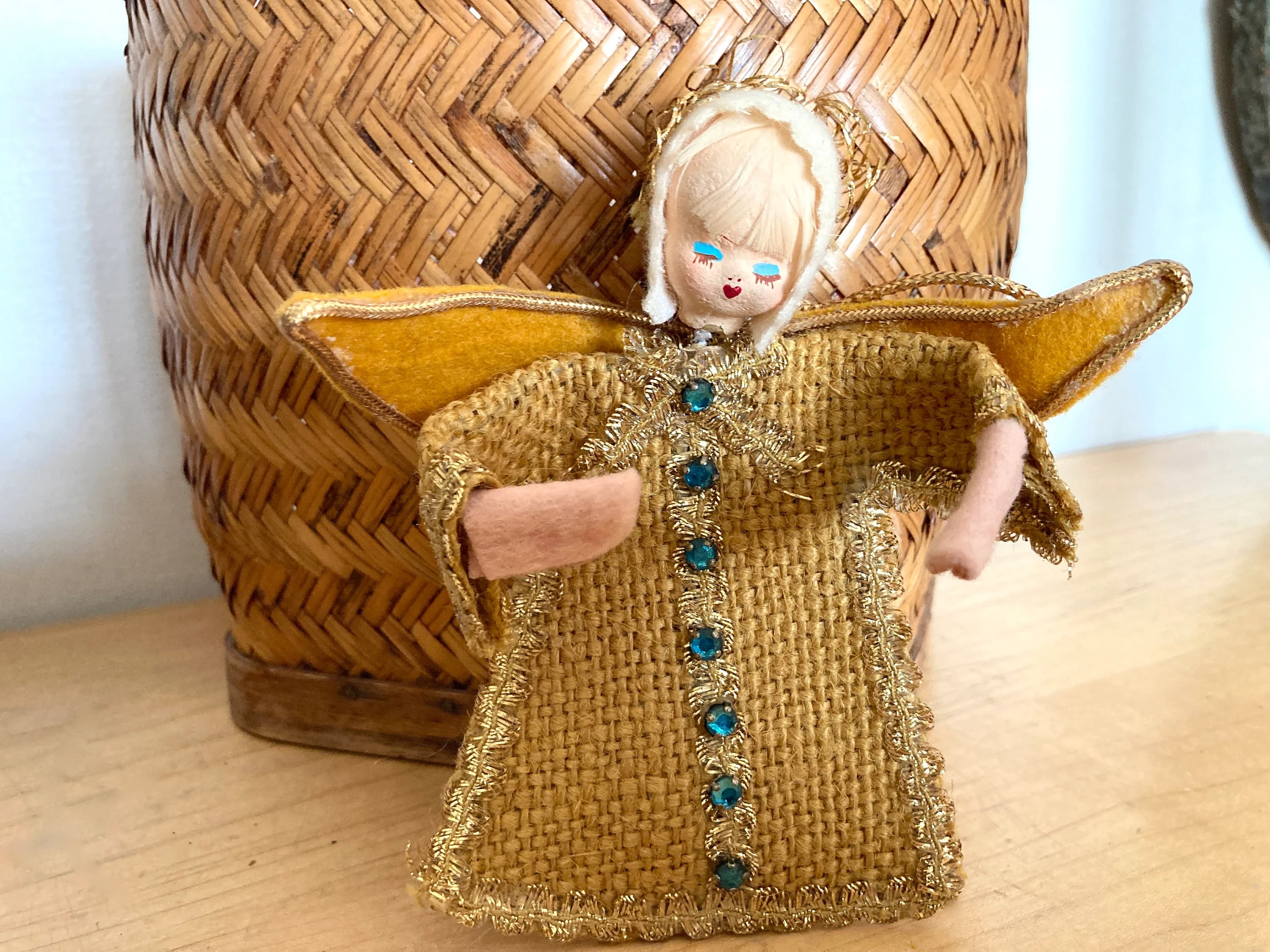 Sweet Burlap Angel with Aqua Rhinestones & Gold Metallic Rick Rack - image 5
