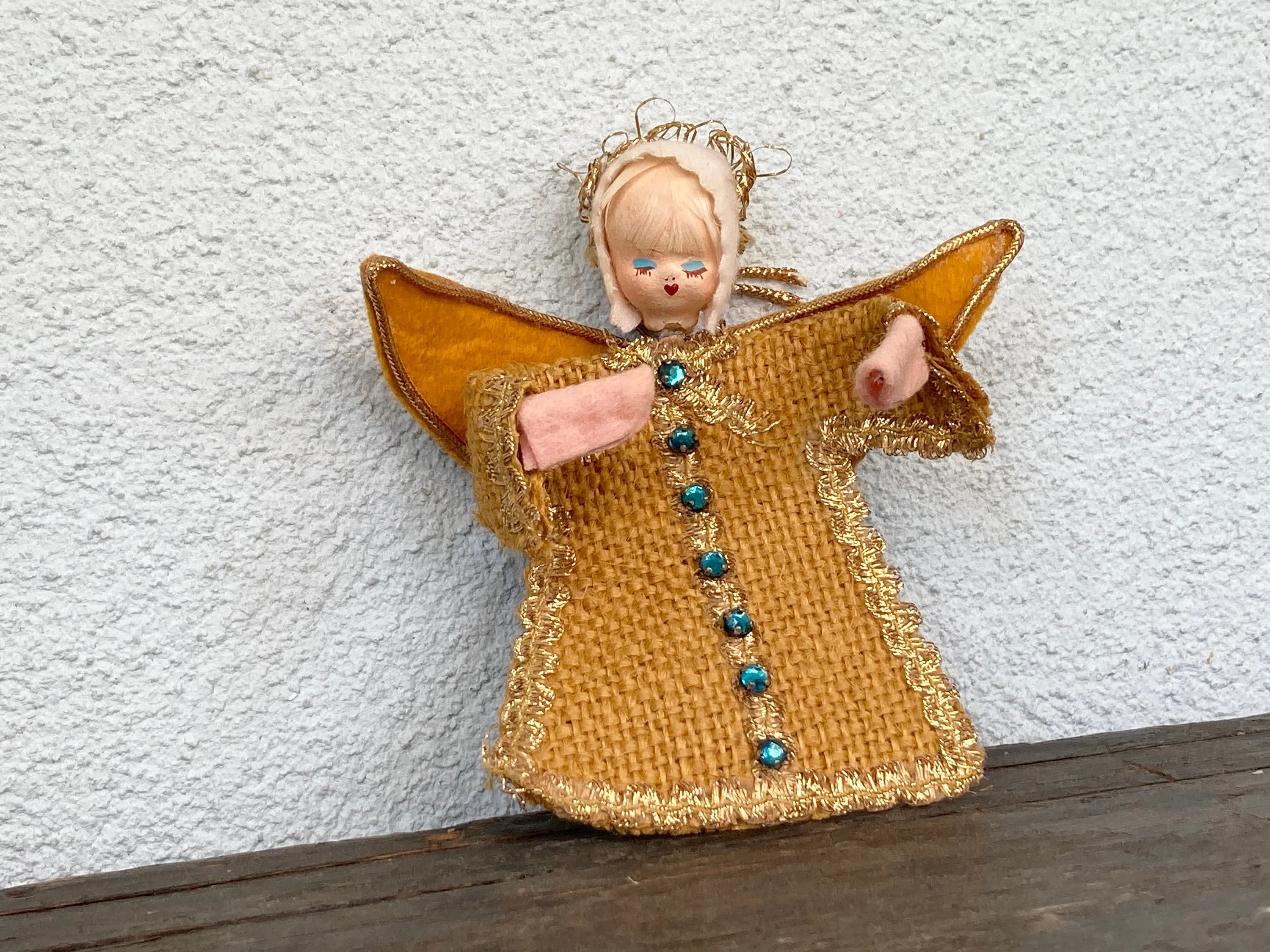 Sweet Burlap Angel with Aqua Rhinestones & Gold Metallic Rick Rack