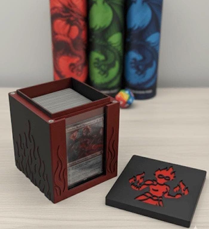 MTG EDH Deck Box | Fire Aggro Theme Deck Box  Commander Showcase Display Slot with Toploader | Magnetic Top Fantasy Gaming Cards Organizer