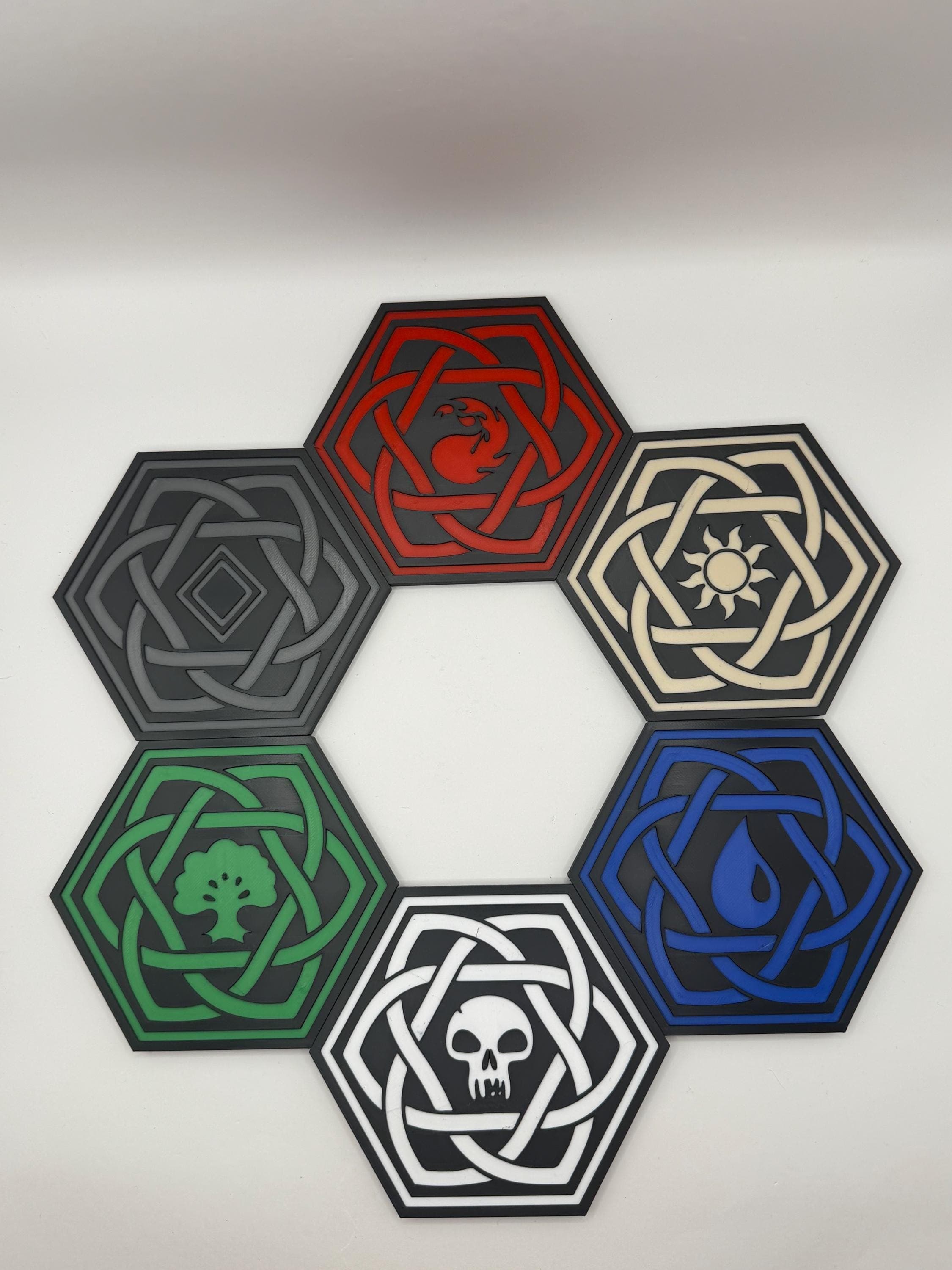 MTG Coaster Set of 6 with Holder - Magic the Gathering Inspired Mana Symbols Drink Coasters - Celtic Knot Wood Decor - Gift for Gamers - image 3