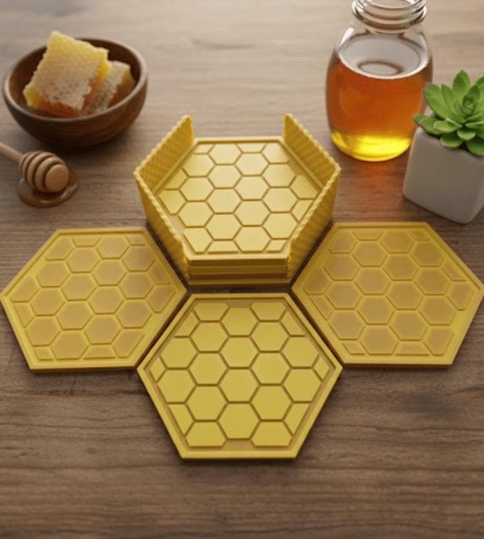 3D Printed Honeycomb Coaster Set with Holder | Modern Hexagon Drink Mats, Yellow Home Decor | Housewarming Gift | Geometric Table Decor